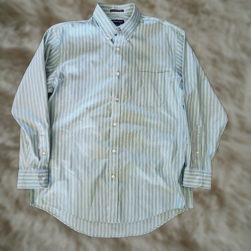 Lands' End Lands' End Shirt Mens 16-1/2 33 XL Green Stripe Tailored Fit Tall No Iron Oxford Shirt Mens Long Sleeve Button-Up Global Odds? Size US XL / EU 56 / 4 - 1 Thumbnail