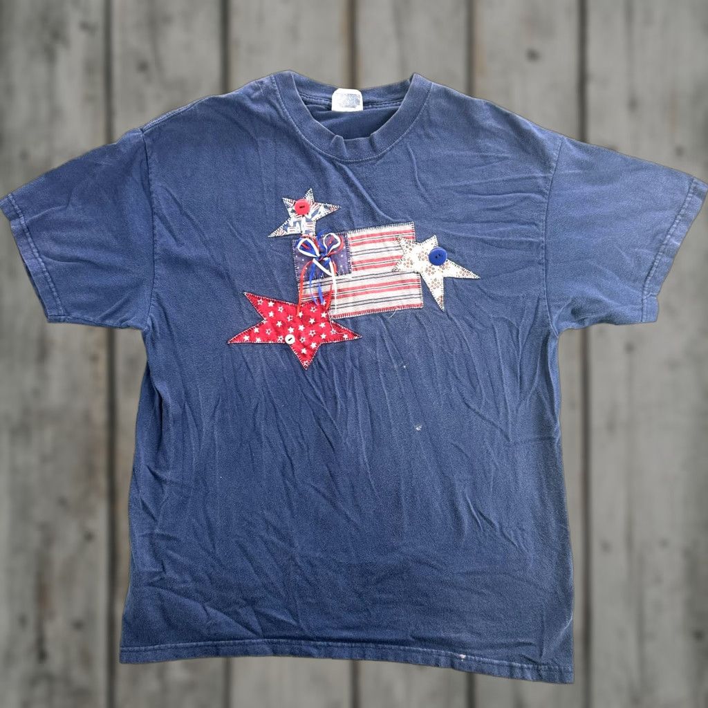 Hanes VINTAGE Hanes Beefy-T Patriotic Flag Shirt Mens Large Blue Red Star USA 90s Tee Size US L / EU 52-54 / 3 - 1 Thumbnail
