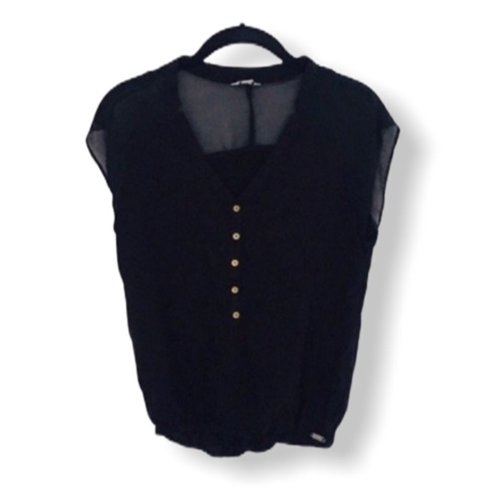 Guess Guess Black Semi-Sheer Cap Sleeve Button Front Blouse – XS Size XS / US 0-2 / IT 36-38 - 3 Thumbnail