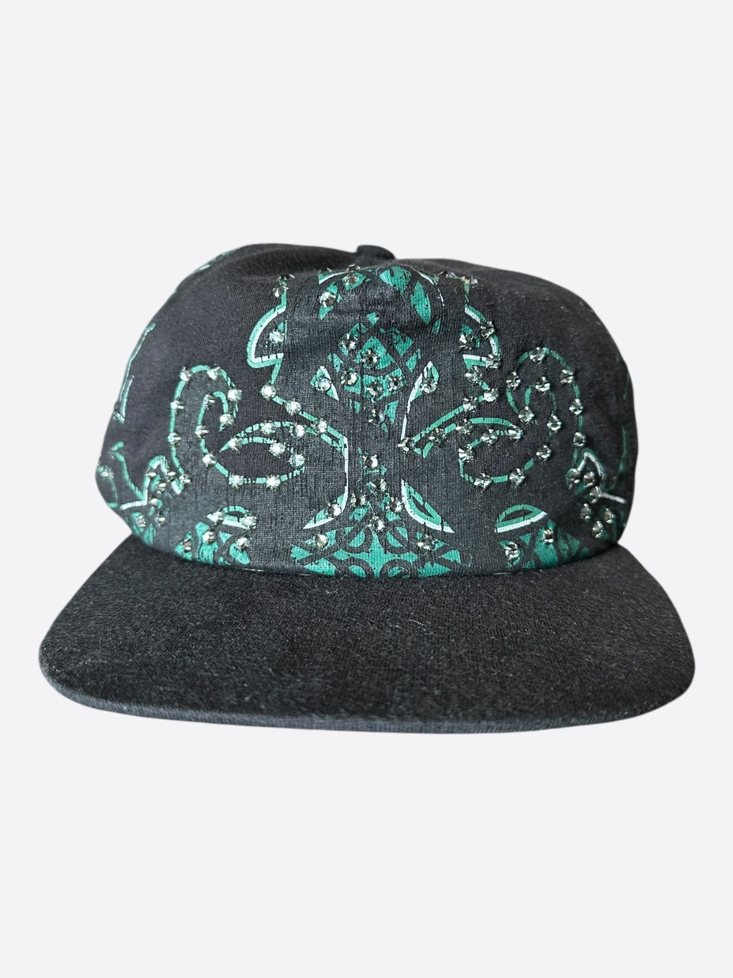 Vintage Black & Green Paisley Rhinestone Embellished Hat