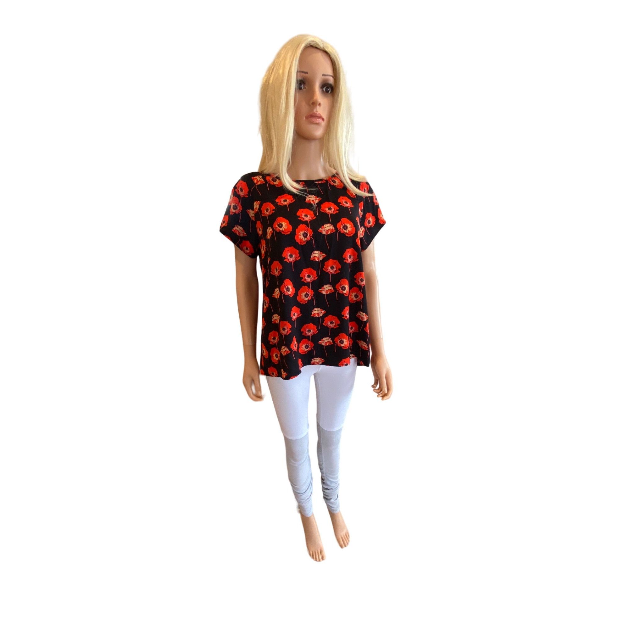Designer CAbi Red Poppies Short Sleeve Blouse Tunic W's Small Split B Size S / US 4 / IT 40 - 14 Thumbnail