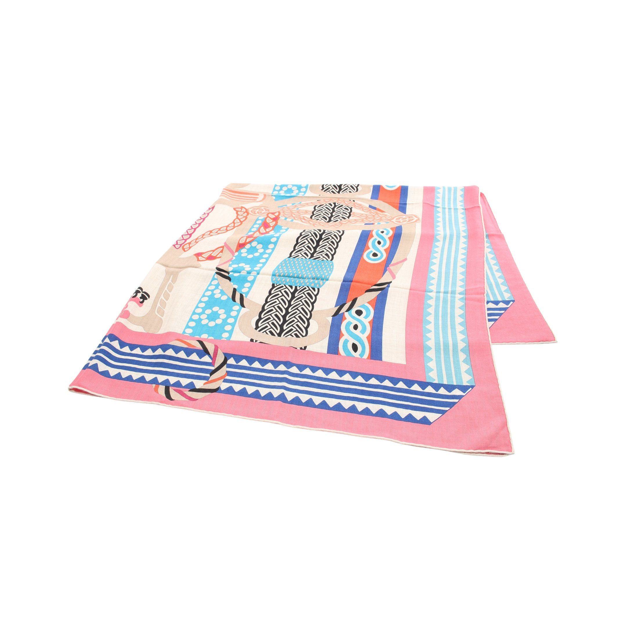 Hermes Hermes Carréjean Carres 140 Fantaisie Rose Bonbon Natural Blue Scarf Shawl Cashmere Silk Pink Multicolor Size ONE SIZE - 1 Thumbnail