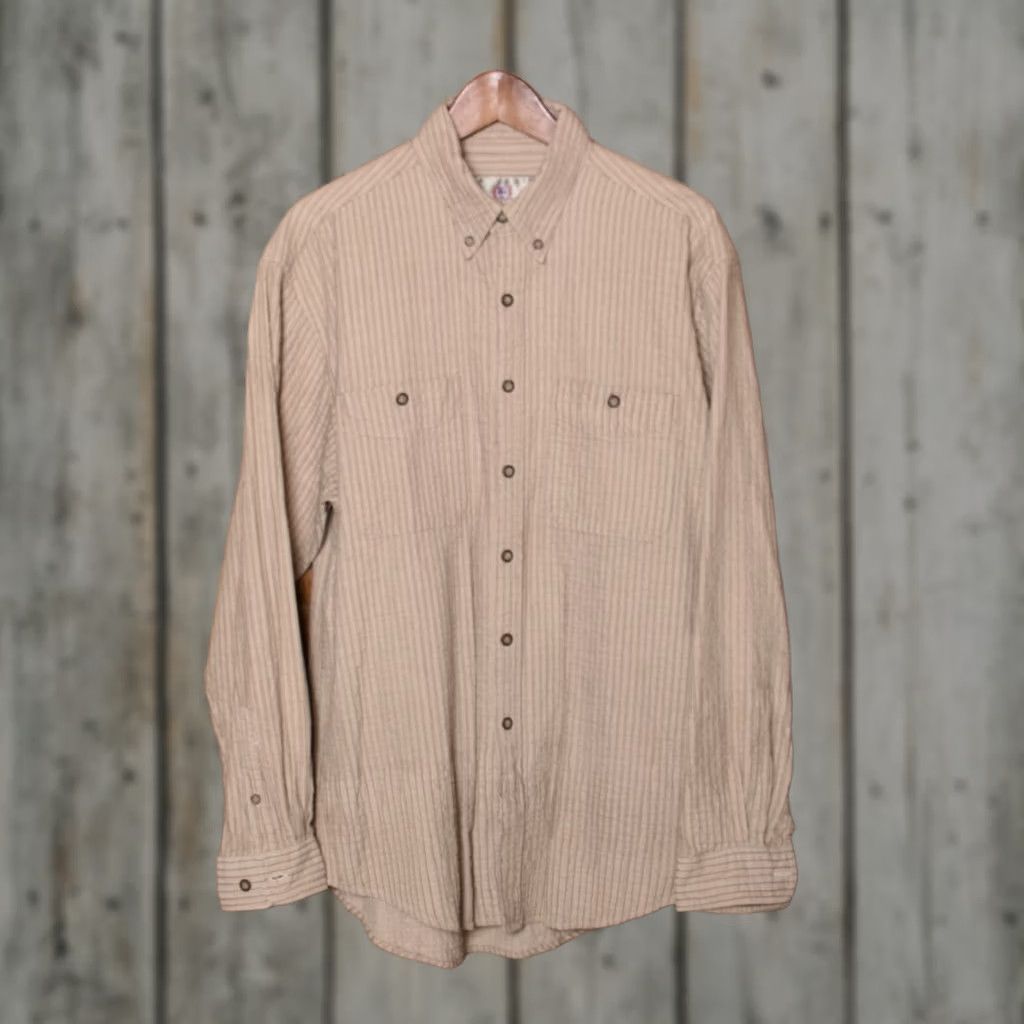 The Territory Ahead VINTAGE Territory Ahead Tan Stripe Textured Cotton Button Front Shirt L Mens Size US L / EU 52-54 / 3 - 1 Thumbnail