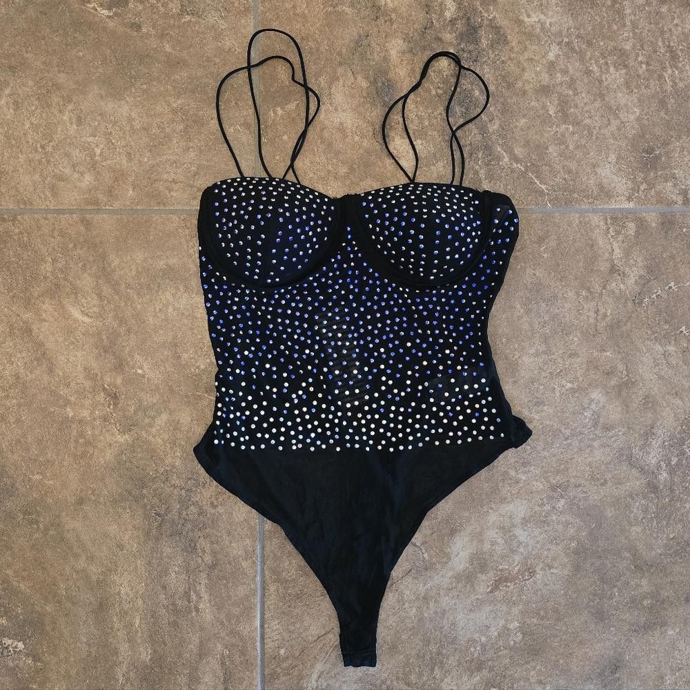 Designer Black Bedazzled HM Bodysuit Lingerie Size ONE SIZE - 1 Thumbnail