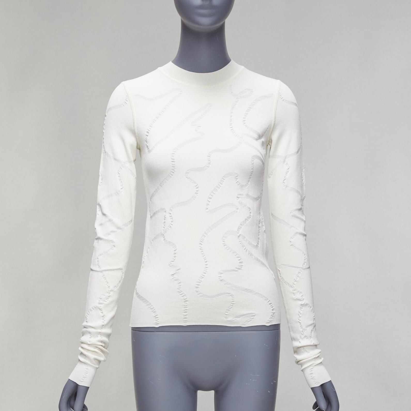 Helmut Lang HELMUT LANG cream wiggly line motive jacquard long sleeve sweater S Size S / US 4 / IT 40 - 1 Thumbnail