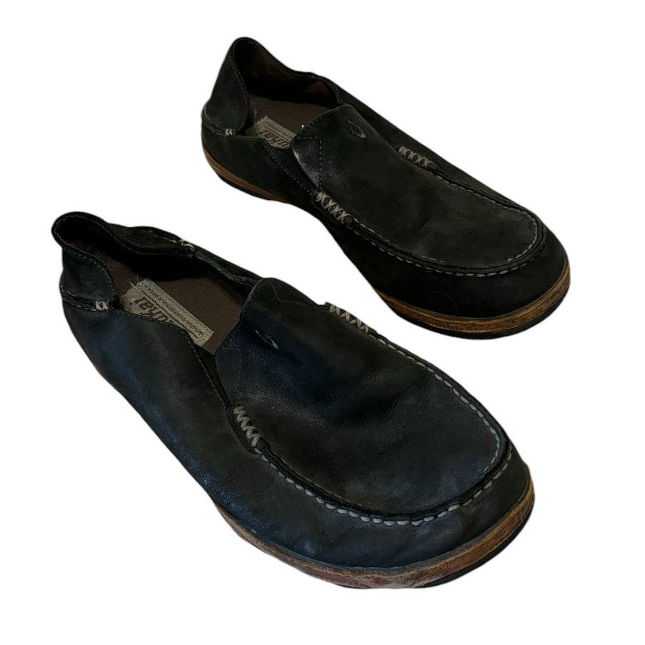 Olukai Shoes Men 10 Black Moloa Waxed Nubuck Leather Slip On