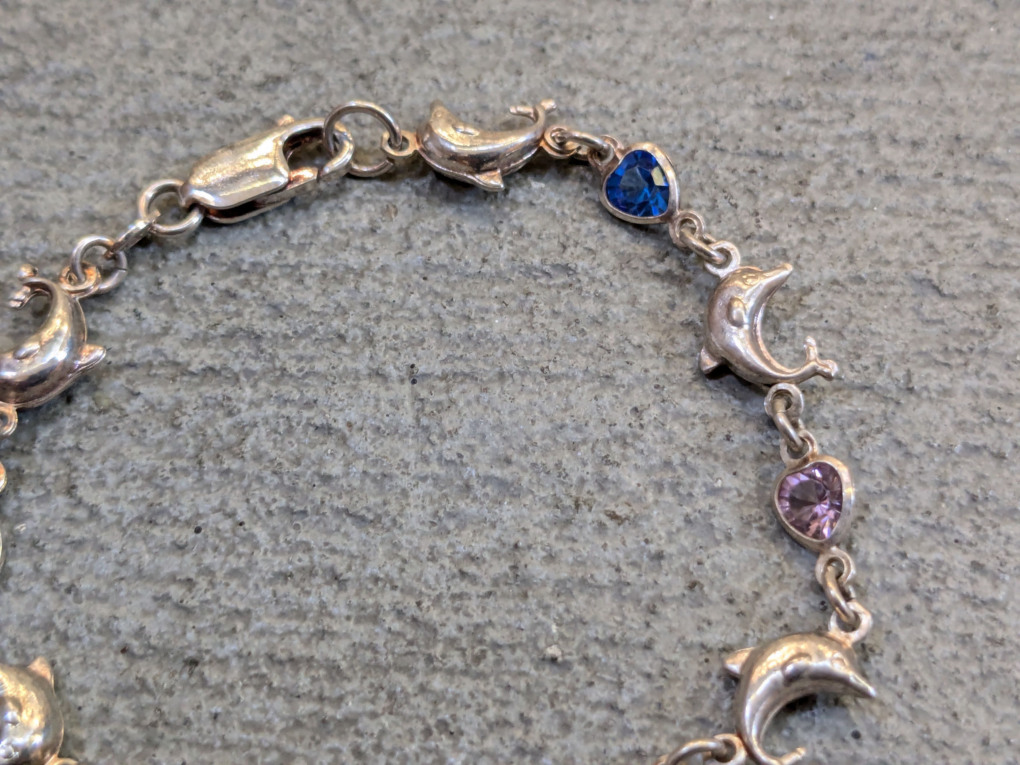 Jewelry Vintage Sterling Silver Bracelet 7.25" Heart Dolphin Rainbow Size ONE SIZE - 5 Thumbnail