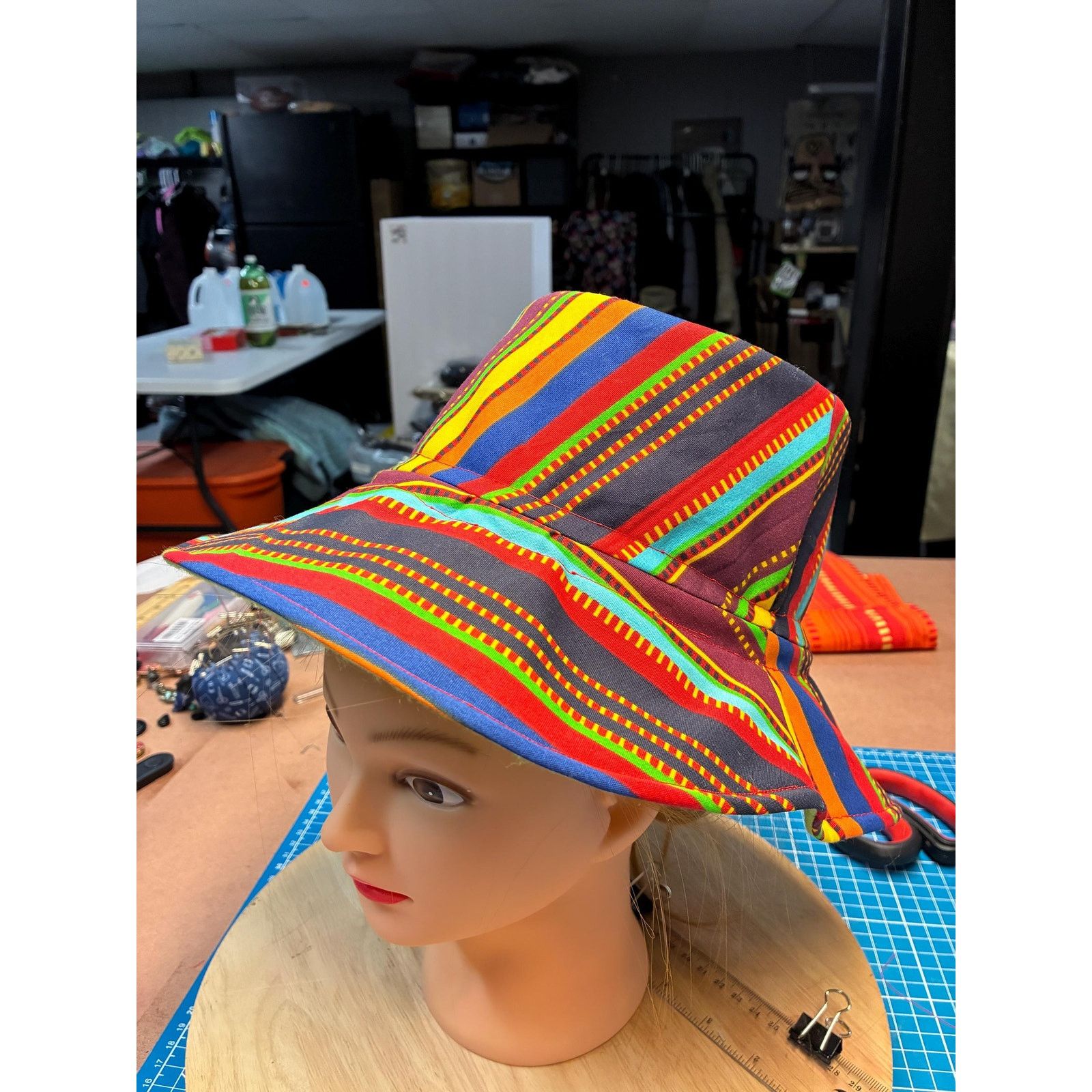 Other Upcycled Bucket Hat — Bold Multicolor Stripe, Lime Green Size ONE SIZE - 1 Thumbnail