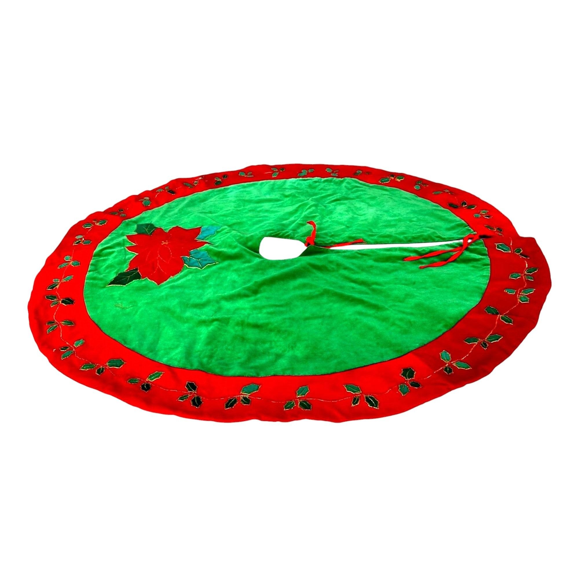 Vintage VTG Poinsettia Christmas Tree Skirt Red Green Holly Embroide Size ONE SIZE - 5 Thumbnail