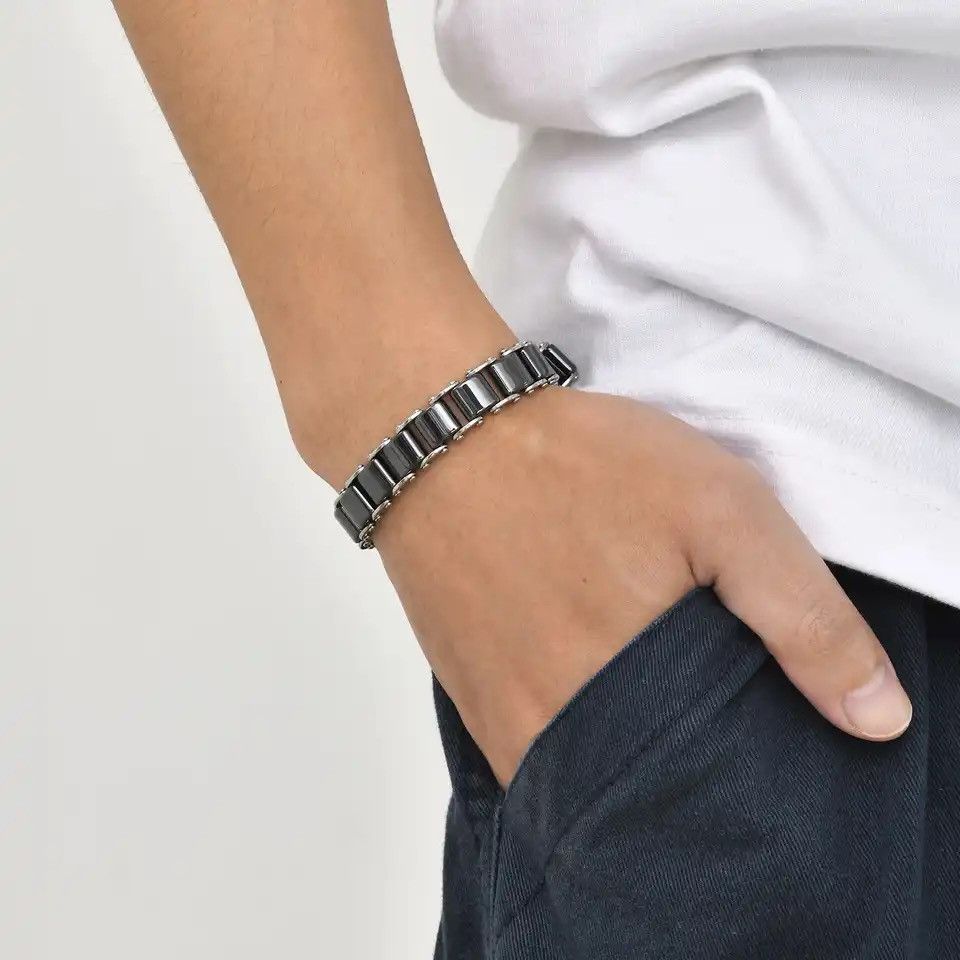 Jewelry × Vintage Black Ceramic Bracelet Natural Stone Link Chain Wristband Size ONE SIZE - 3 Thumbnail