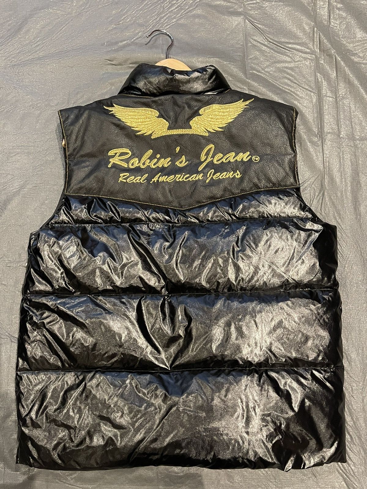 Robins Jeans Black And Gold leather Robin jeans iconic wings vest | Grailed