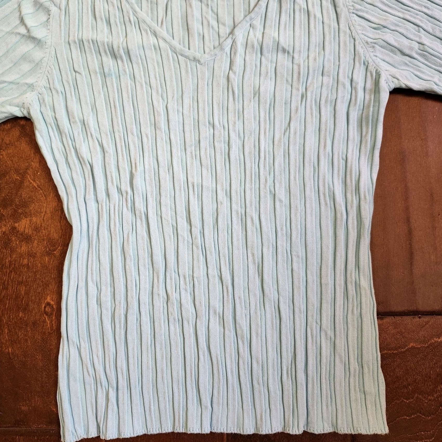 Vintage Lou Lou Women's Junior V-Neck Blue Ribbed Top Short Sleeve Pullover L Size L / US 10 / IT 46 - 2 Thumbnail