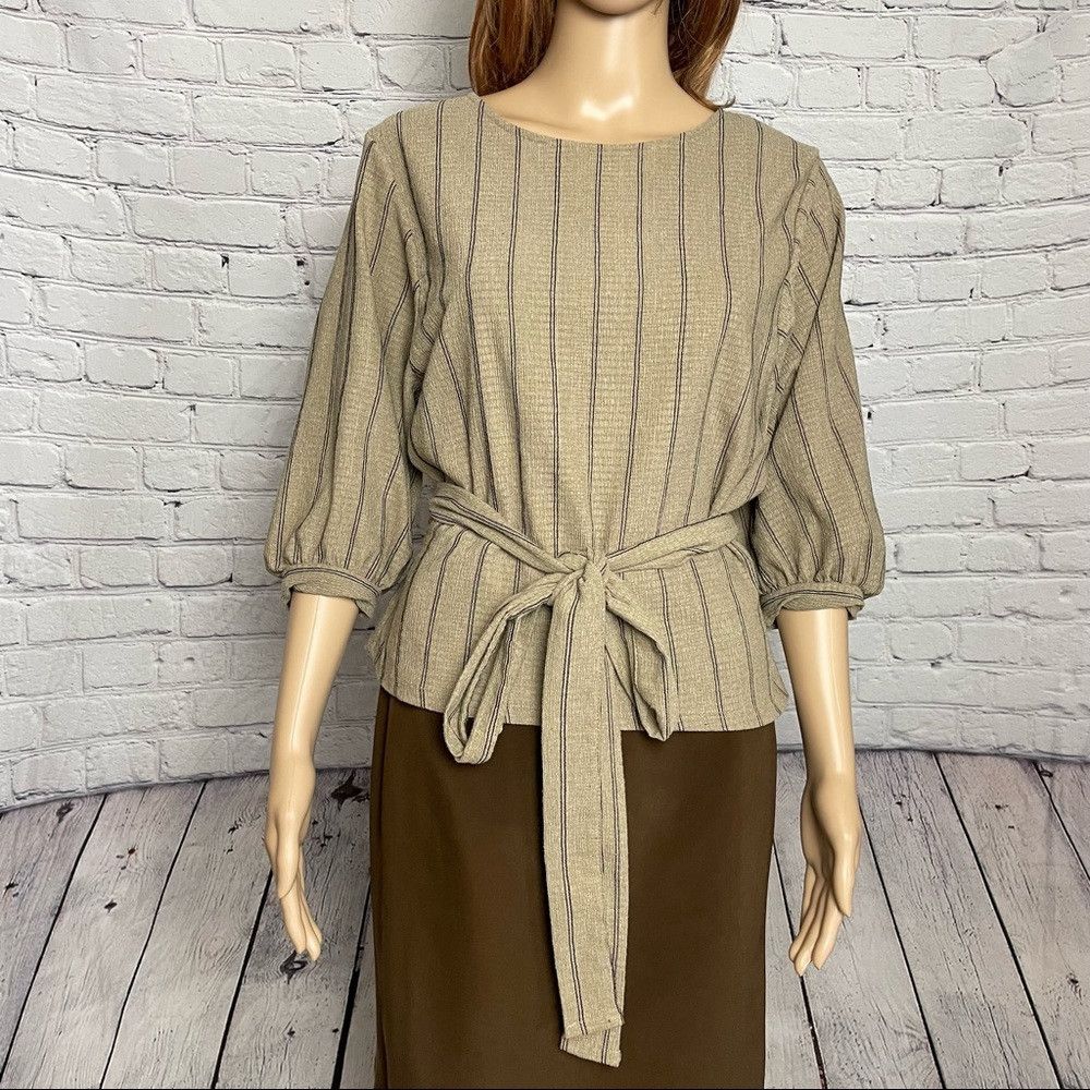 Zara Zara Trafaluc Puff Sleeve Beige Stripes Waist Tie Top Size Size M / US 6-8 / IT 42-44 - 2 Thumbnail