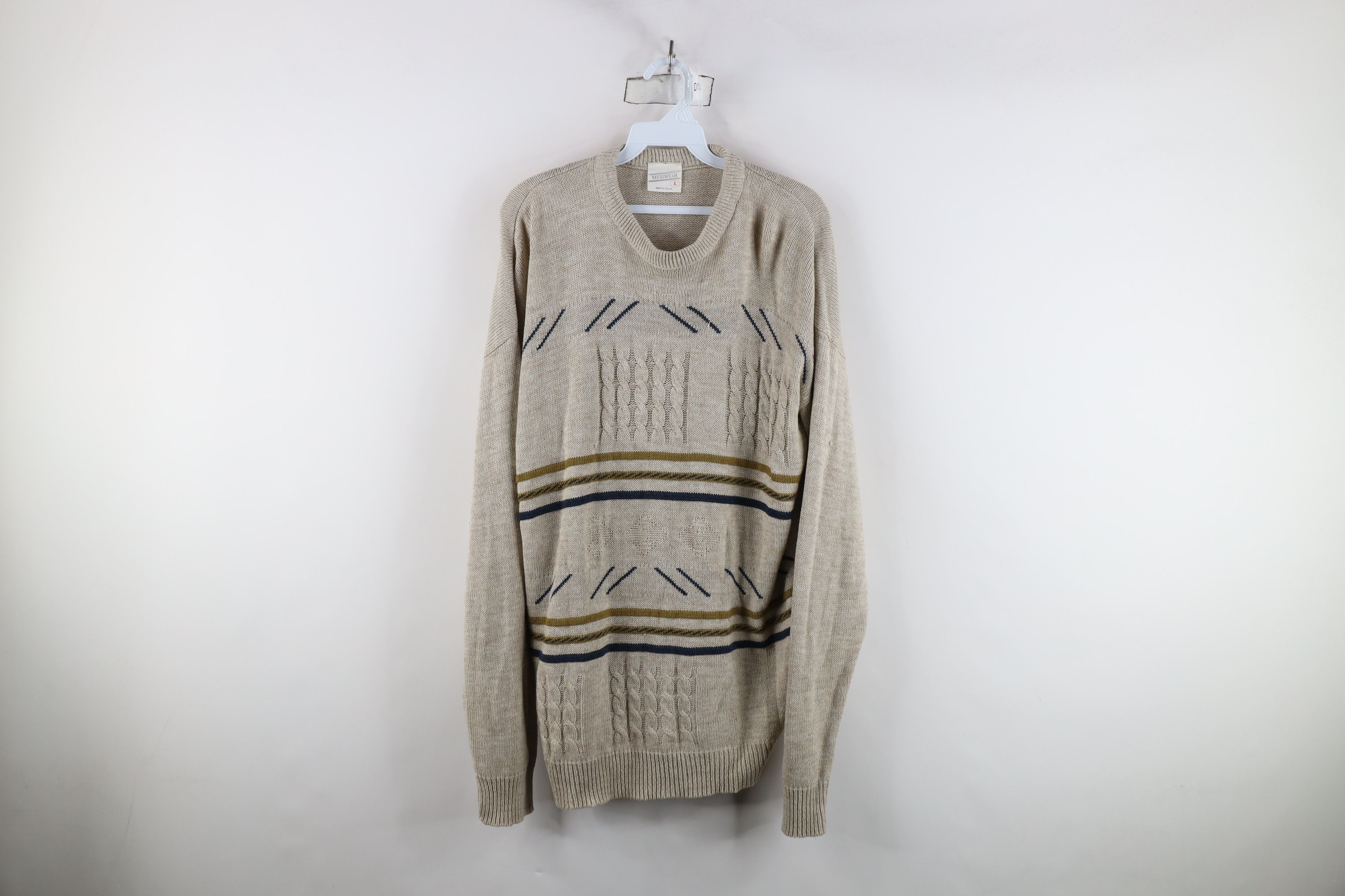 Vintage Vintage 90s Streetwear Geometric Cable Knit Sweater Beige Size US L / EU 52-54 / 3 - 1 Thumbnail