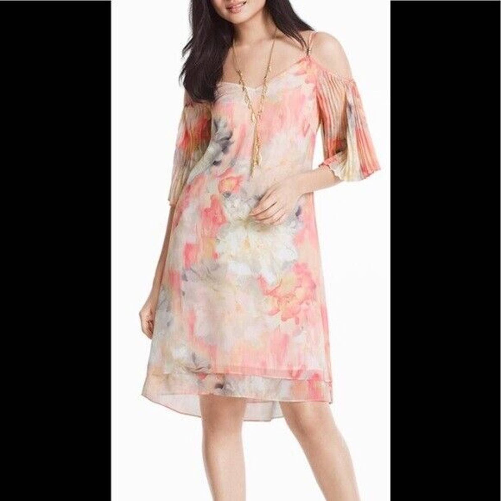 White House Black Market WHBM | Cold Shoulder Pleat Sleeve Watercolor Print Dress Size XS / US 0-2 / IT 36-38 - 10 Thumbnail