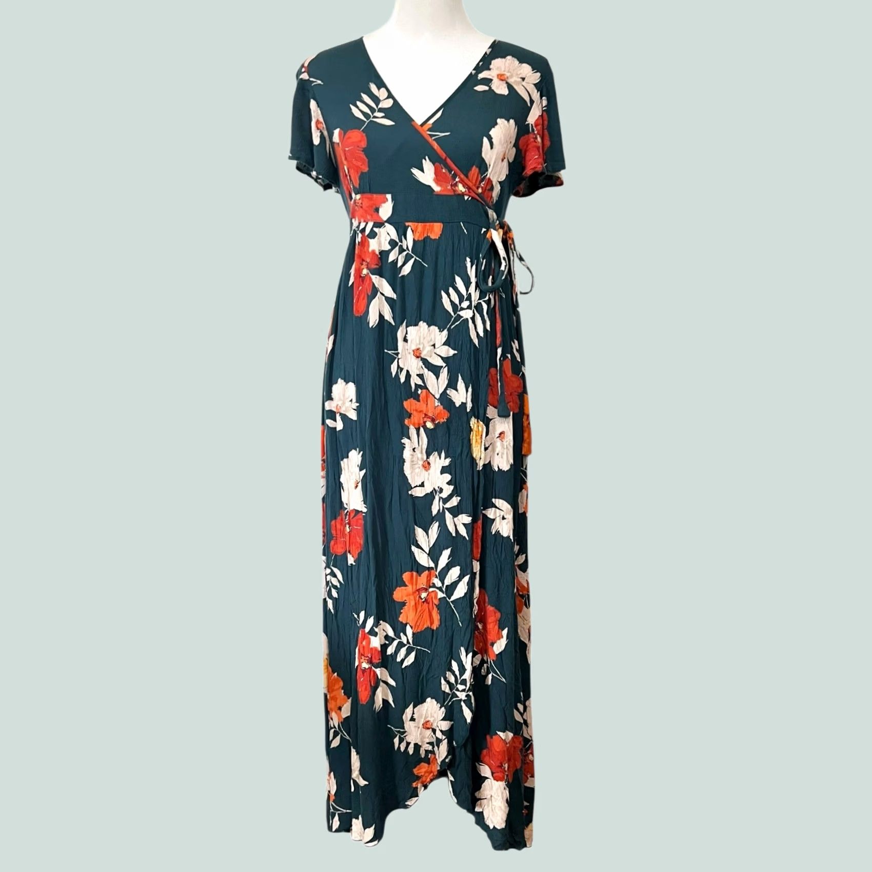 Pinko Patrons of Peace Dress Floral Maxi Faux Wrap Green Pink Short Sleeve V-Neck Sz M Size 32" / US 10 / IT 46 - 1 Thumbnail
