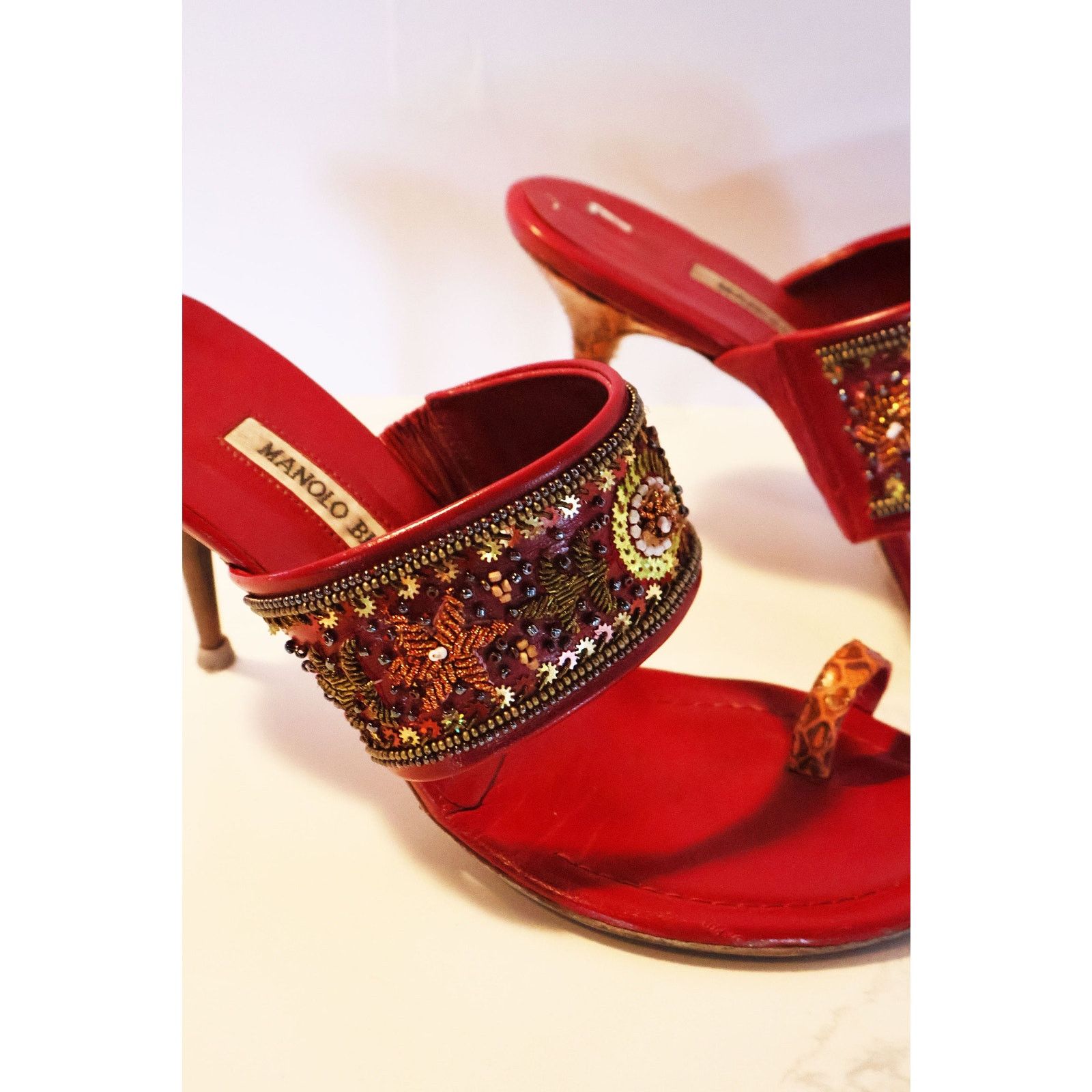 Manolo Blahnik Vintage Manolo Blahnik Red + Orange Snakeskin Rapis Sandal Size US 7.5 / IT 37.5 - 7 Thumbnail
