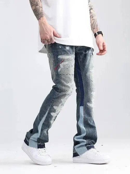 Jean Blue Speckle ink Destroyed Flared Jean Size US 33 - 3 Thumbnail