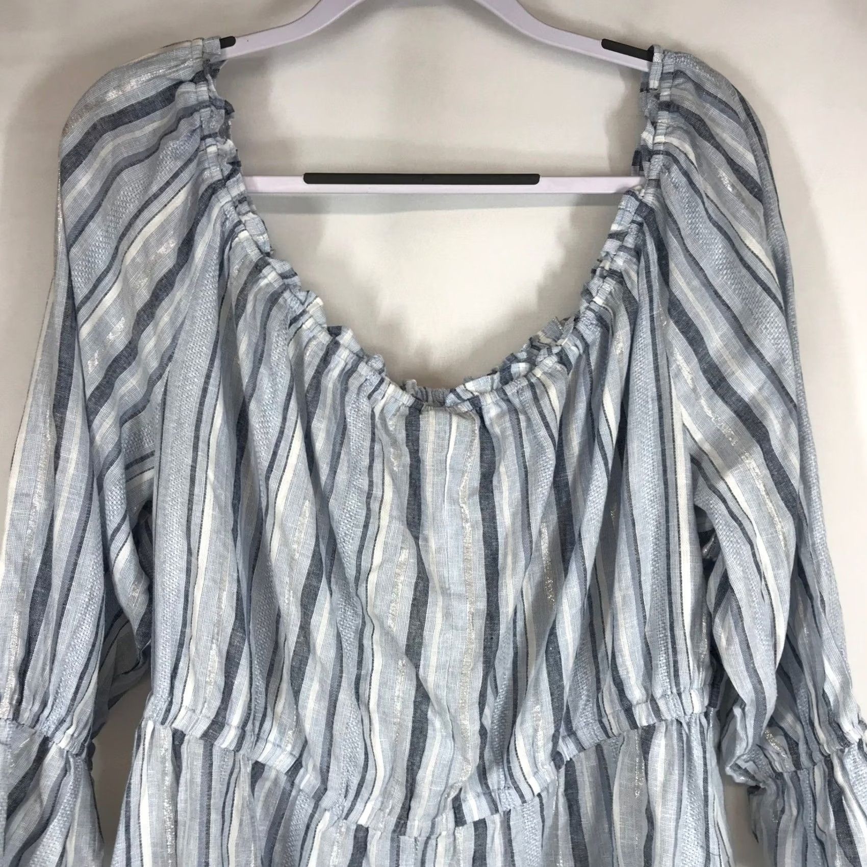 Vintage VINTAGE Lane Bryant Blue Striped Off Shoulder Ruffle Sleeve Top Plus Size 26/28 Size 4XL / US 24-26 - 5 Thumbnail