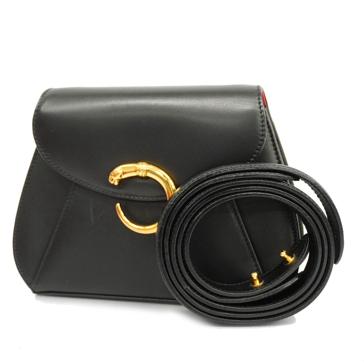 Cartier Shoulder Bag Panthere Leather Gold Metal Fittings Black