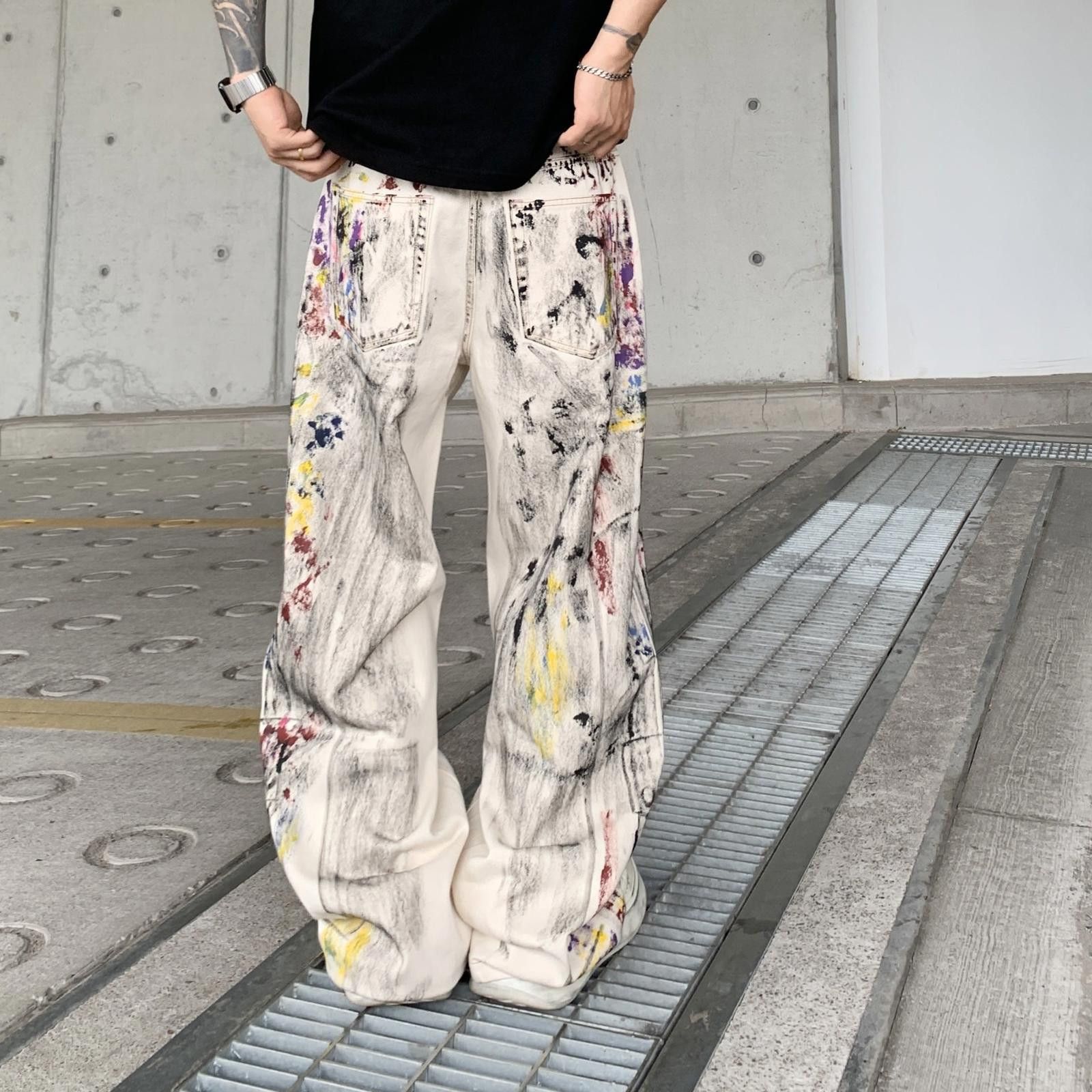 Japanese Brand White Paint-Splattered Baggy Casual Pants, Loose Fit Size US 32 / EU 48 - 5 Thumbnail