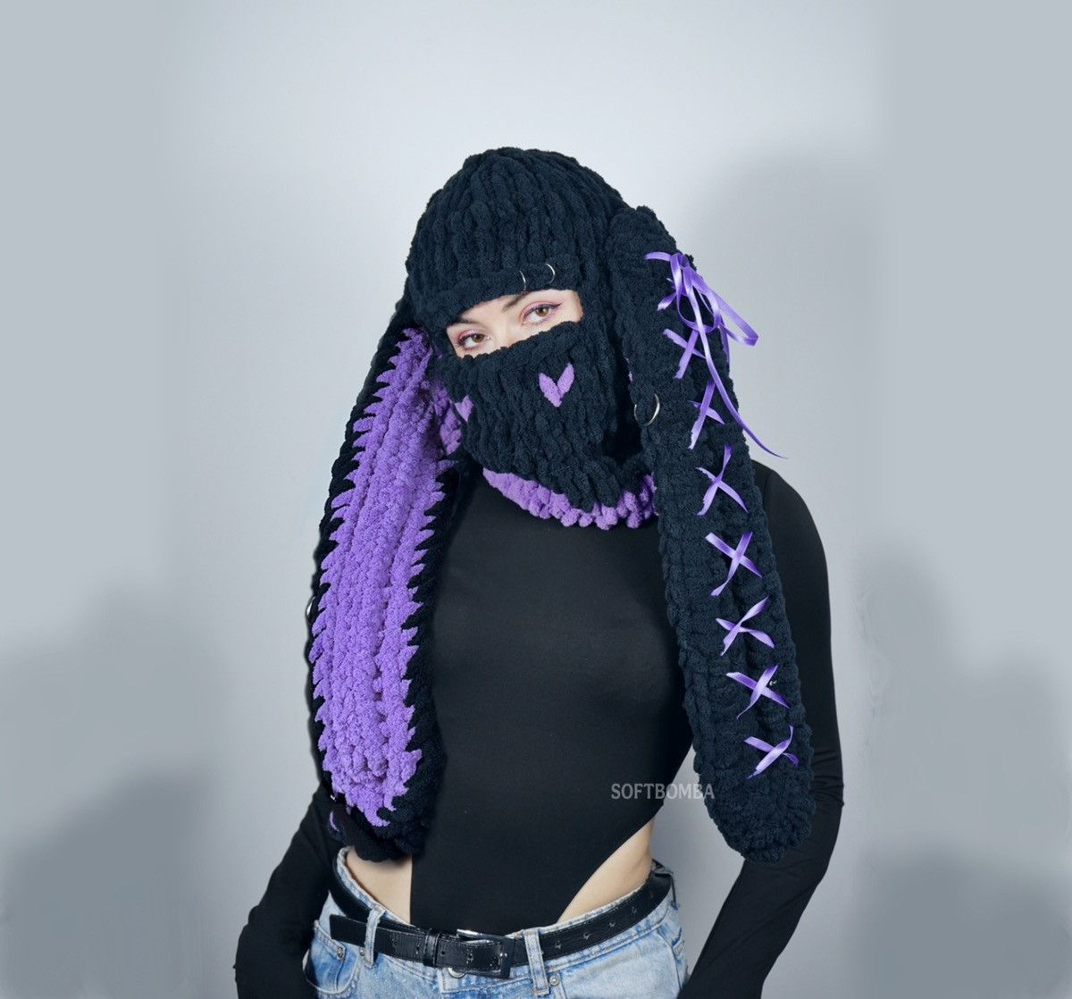 Handmade Bunny balaclava with ears . Pink beanie bunny. Ski mask Size ONE SIZE - 1 Thumbnail