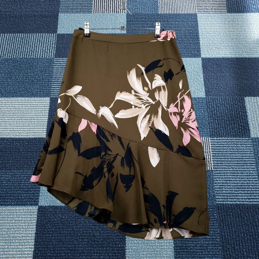 Halston Halston Skirt Womens Brown Floral A-Line Midi Ruffles Asymmetric Hem Tiered Size 2 Size 26" / US 2 / IT 38 - 1 Thumbnail