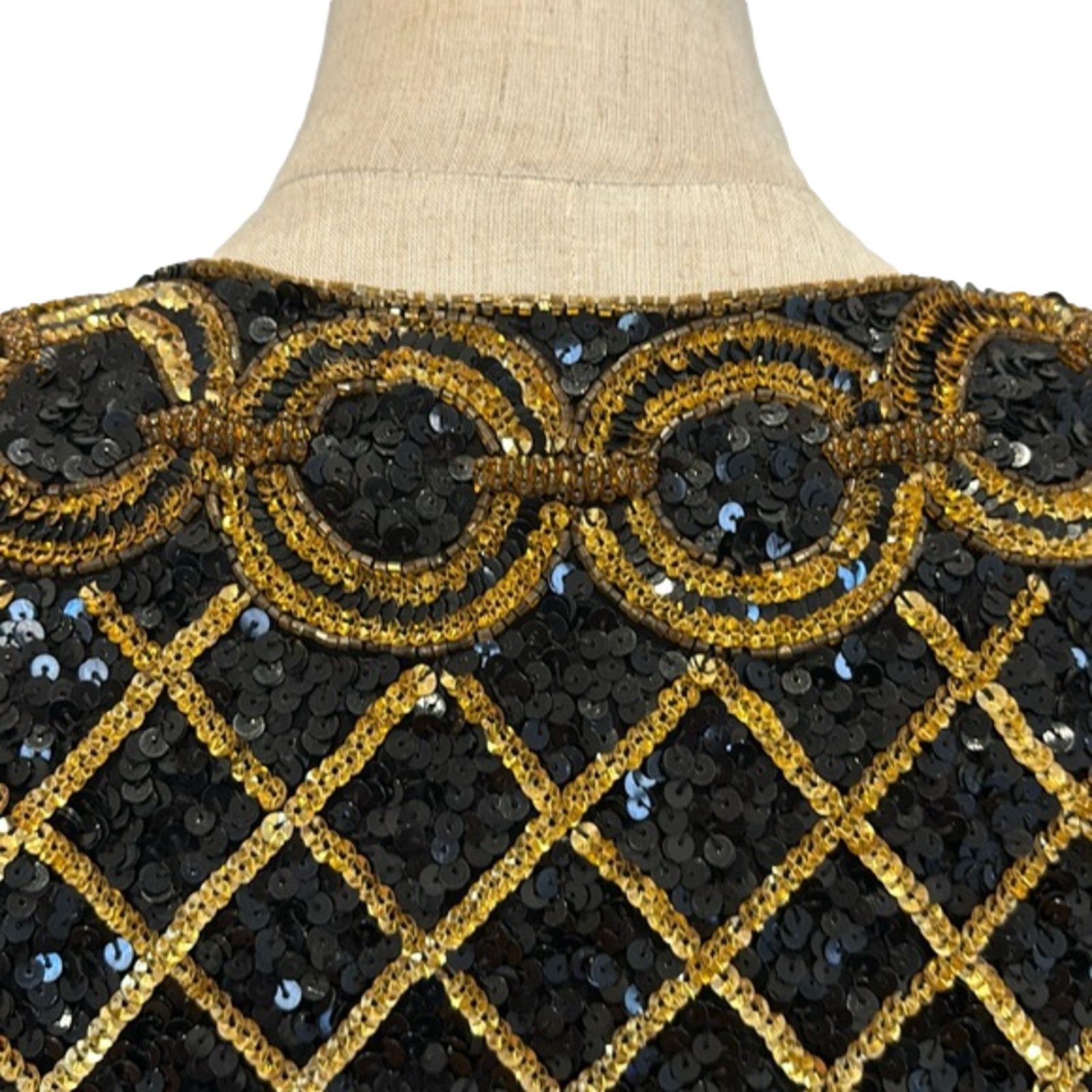 Designer VTG niteline silk SEQUIN beaded jacket gold black kazar Size L / US 10 / IT 46 - 7 Thumbnail