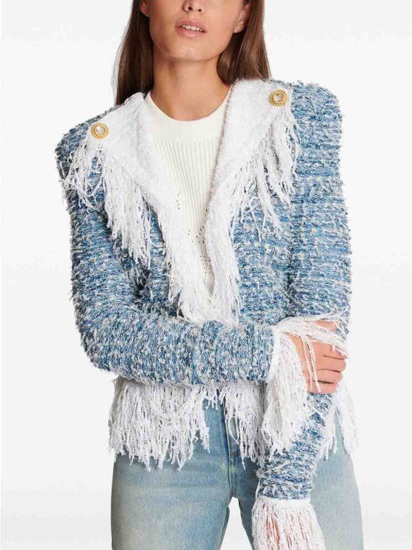 Balmain o1s1wg110825 Fringed Tweed Cardigan in Blue Size M / US 6-8 / IT 42-44 - 3 Thumbnail
