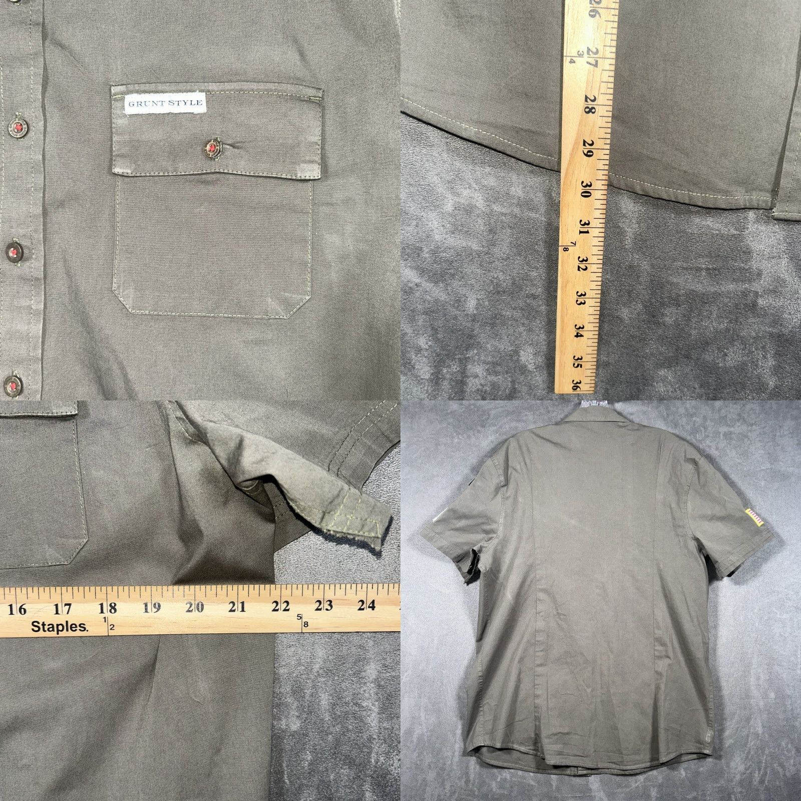 Olive VINTAGE Grunt Style Button-Down Shirt Short Sleeve Mens XL Olive Green Rippped Sleeves Size US XL / EU 56 / 4 - 8 Thumbnail