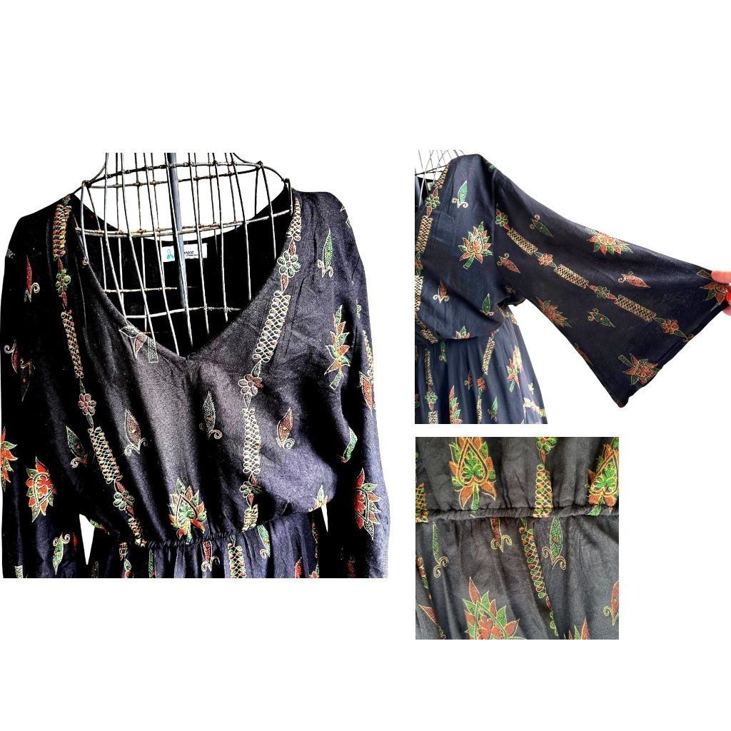 Other Lapogee Maxi Dress XL Black Floral V Neck Flare Sleeves Asy Size XL / US 12-14 / IT 48-50 - 4 Thumbnail