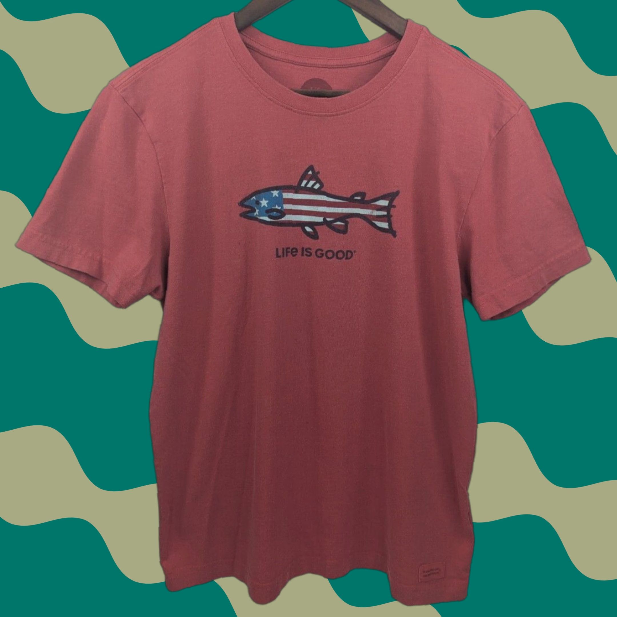 Life is Good Life is Good Shirt T-Shirt Red Crusher Tee USA Fish Patriot Flag Mens Small Short Sleeve Crew Neck Cotton Polyester Knit Logo Graphic Vintage: No Size US S / EU 44-46 / 1 - 1 Thumbnail