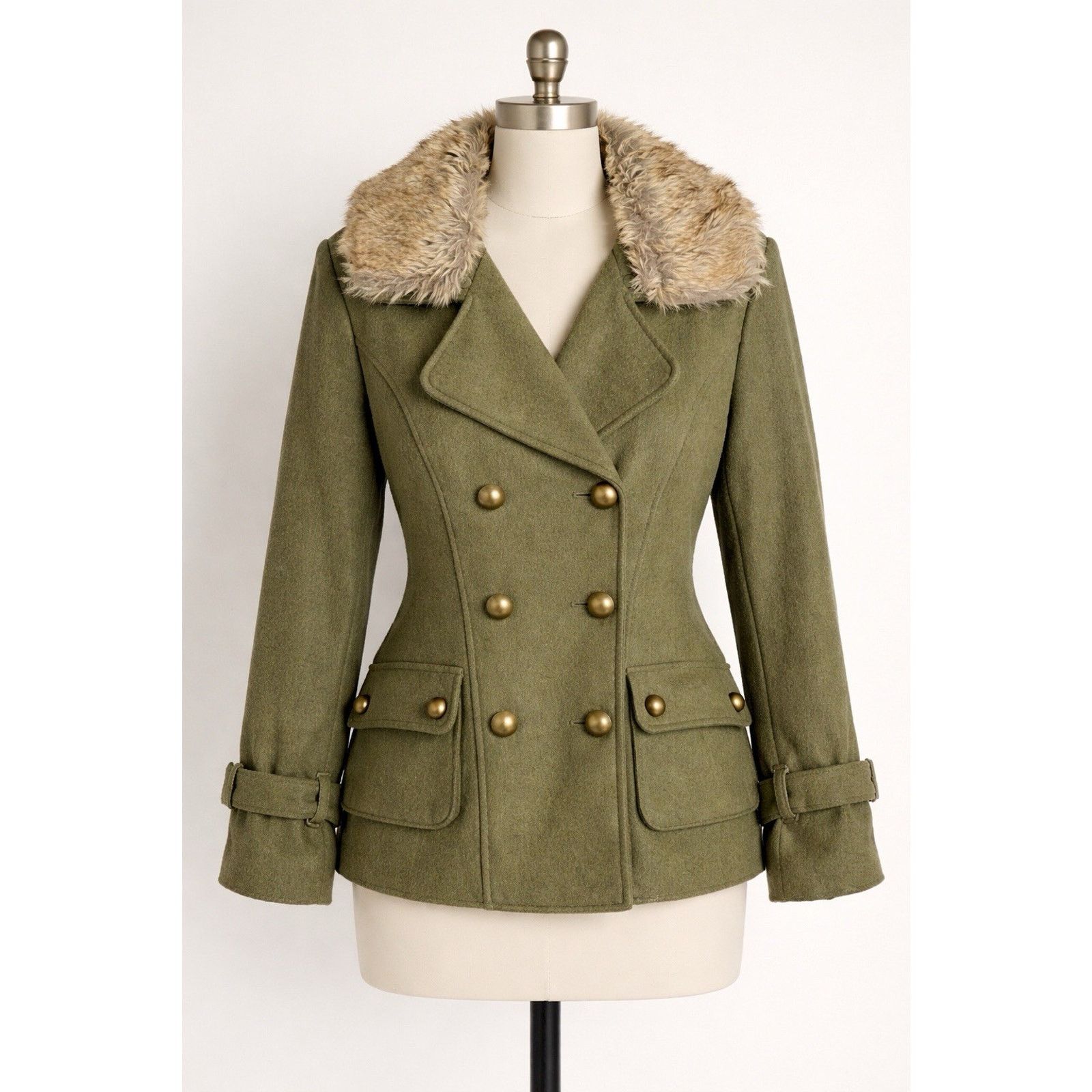 & Other Stories Coat Womens 2X Green Wool Peacoat Lane Crawford Fur Collar Size XXL / US 16-18 / IT 52-54 - 1 Thumbnail