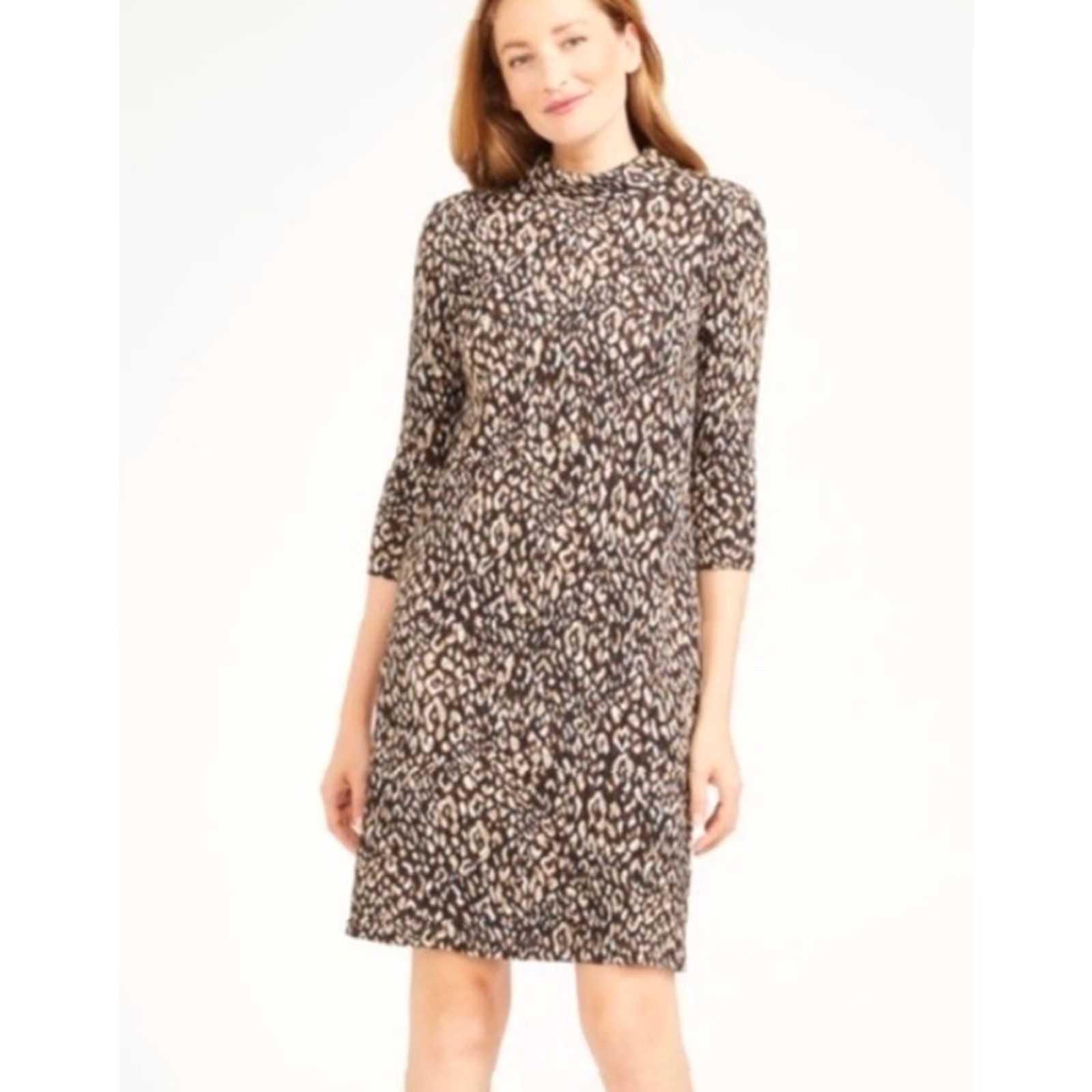 J.McLaughlin J. McLaughlin Sheila Sweater Dress Mock Neck Animal Print Knee Length Women M Brown Multicolor Stretch Knit Shirt Dress Women Size M / US 6-8 / IT 42-44 - 2 Thumbnail