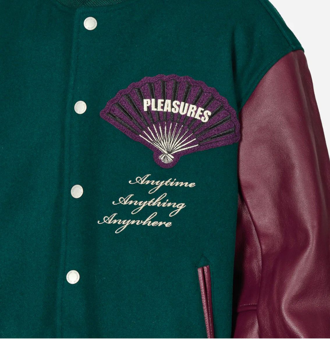 Designer × Pleasures Brand new pleasures, varsity jacket size large leather Size US L / EU 52-54 / 3 - 4 Thumbnail