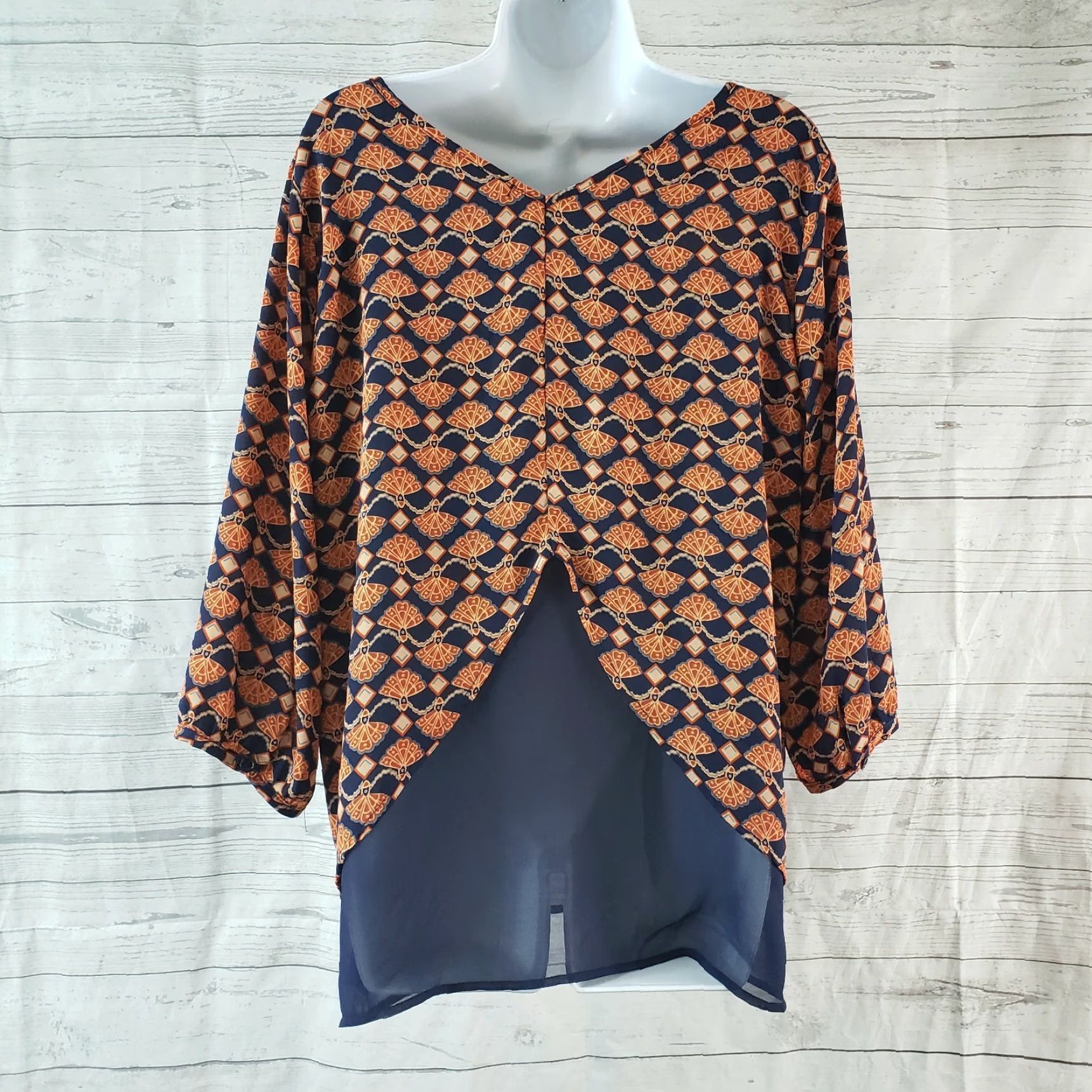 Vintage Pleione Womens Top Blouse 3/4 Sleeve L Orange Blue Adult Womens Size L / US 10 / IT 46 - 3 Thumbnail