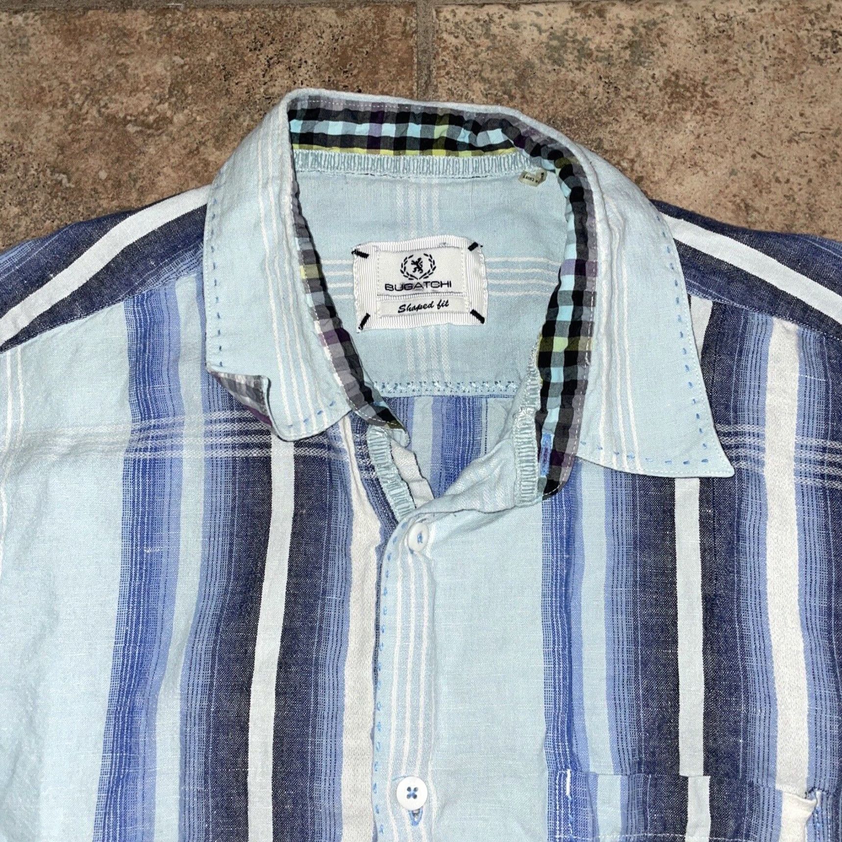 BUGATCHI Bugatchi Uomo Men's Short Sleeve Plaid Shirt Regular Large Blue Button-Up Size US L / EU 52-54 / 3 - 2 Thumbnail