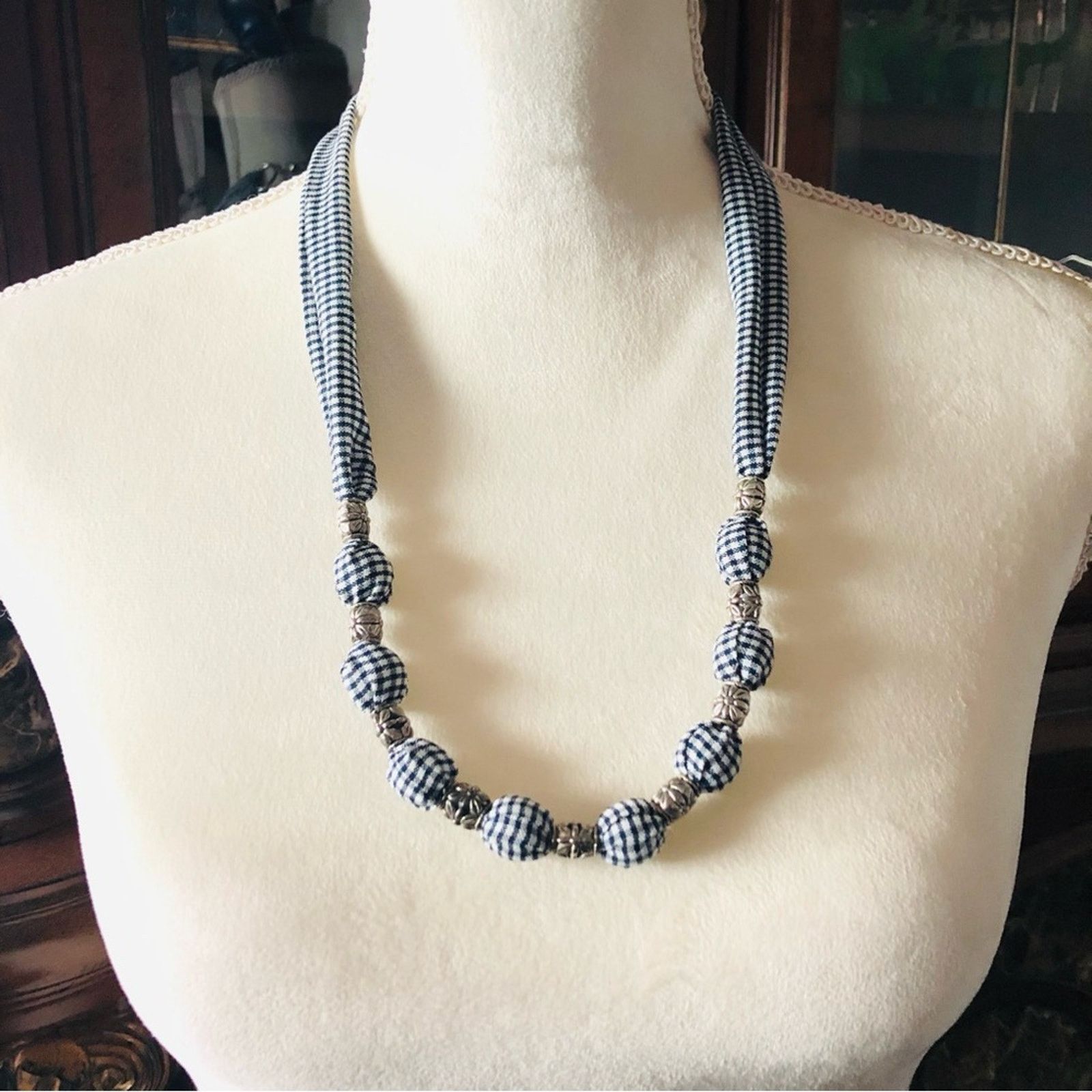 Handmade Country Girl black and white plaid fabric bead necklace Size ONE SIZE - 1 Thumbnail