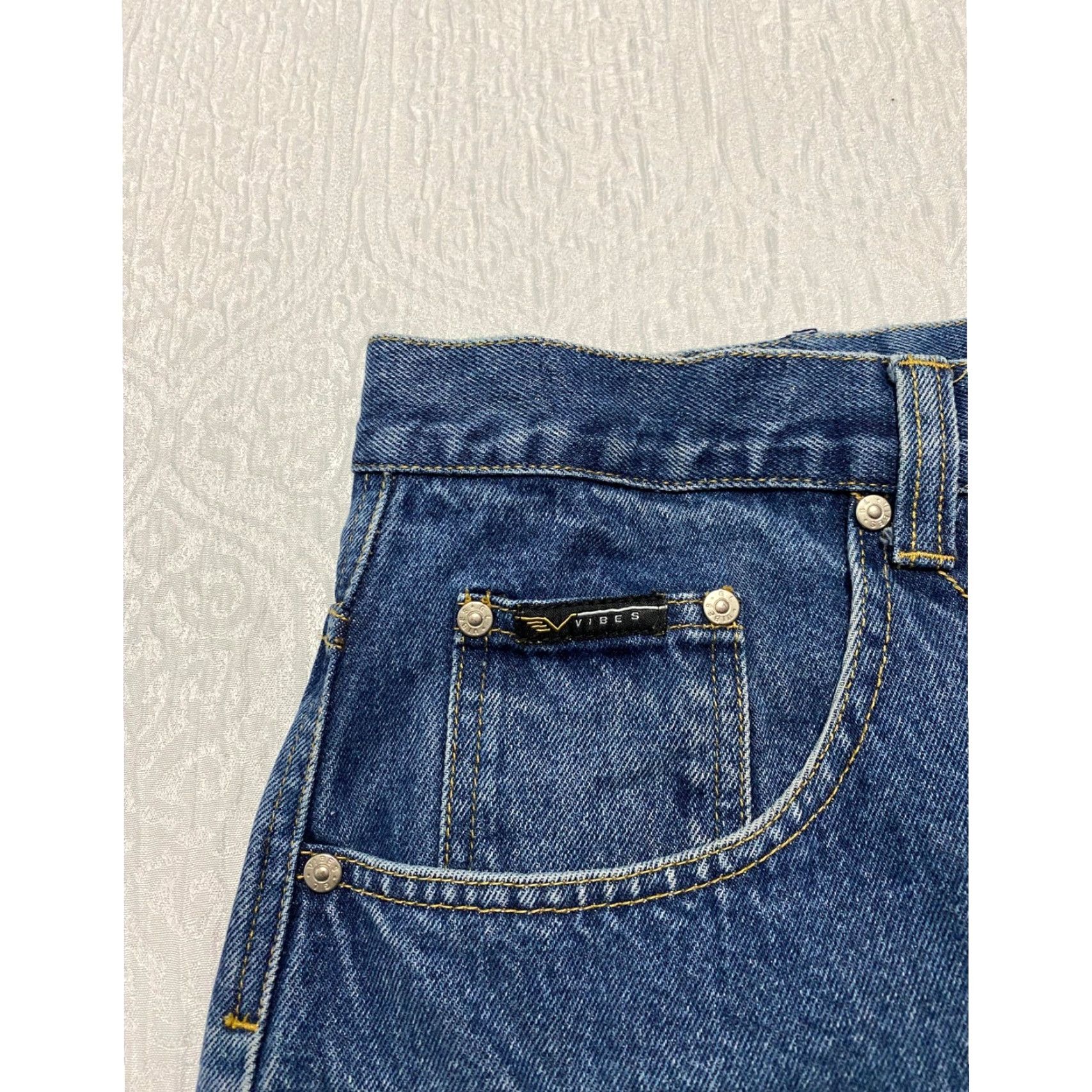 VIBE VIBES Vibes GL Gold Label Baggy Y2K Jeans Men 42x32 Blue Geometric Stitching Denim Cotton 90s Hip Hop Straight 5-Pocket Baggy Button Mens Size US 42 / EU 58 - 4 Thumbnail