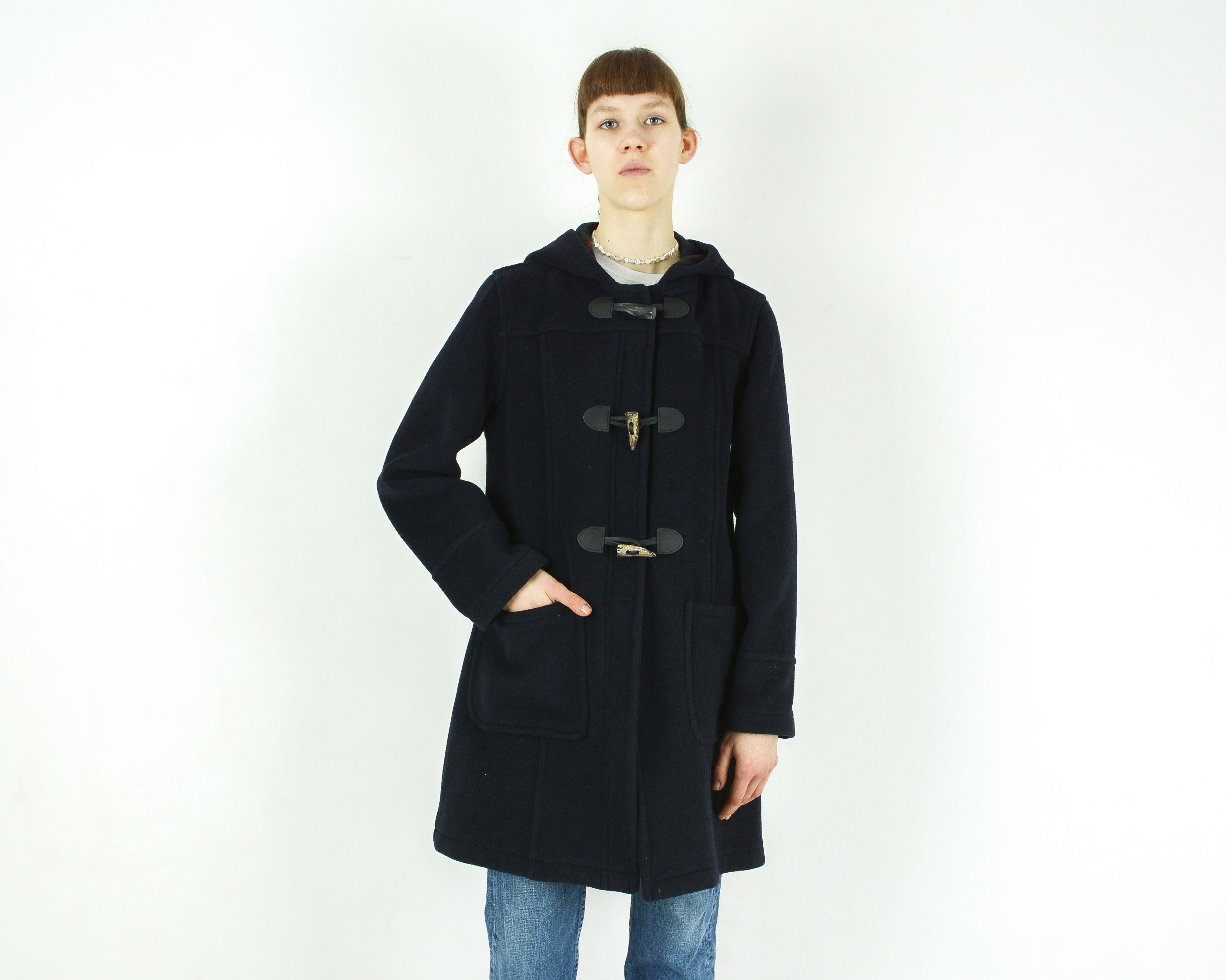 image of Vintage London Tradition Wool Duffle Coat Hooded Jacket Parka Zip Up in Black, Women's (Size Large)