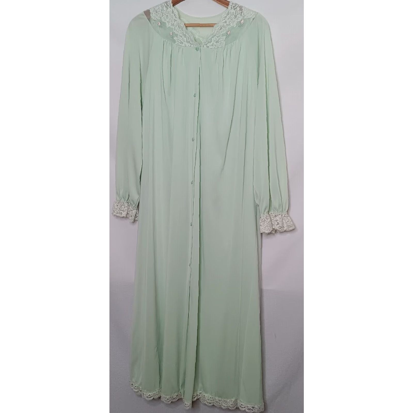 Vintage VINTAGE ShadowLine Green Lace Nightgown Set 2 Piece Long Vintage Sleepwear Womens Medium Size ONE SIZE - 2 Thumbnail