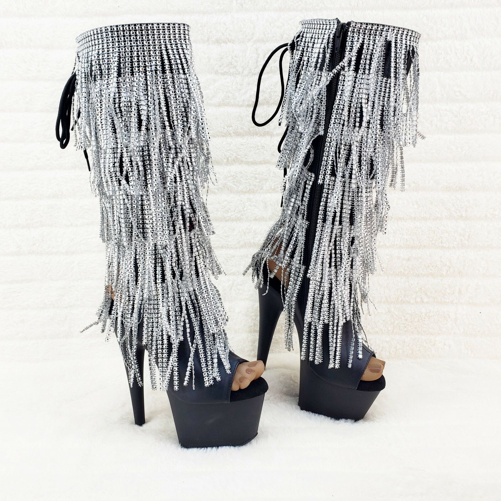 Other Adore 2024 Silver Fringe Black Platform 7" High Heel Fringe Size US 9 / IT 39 - 5 Thumbnail