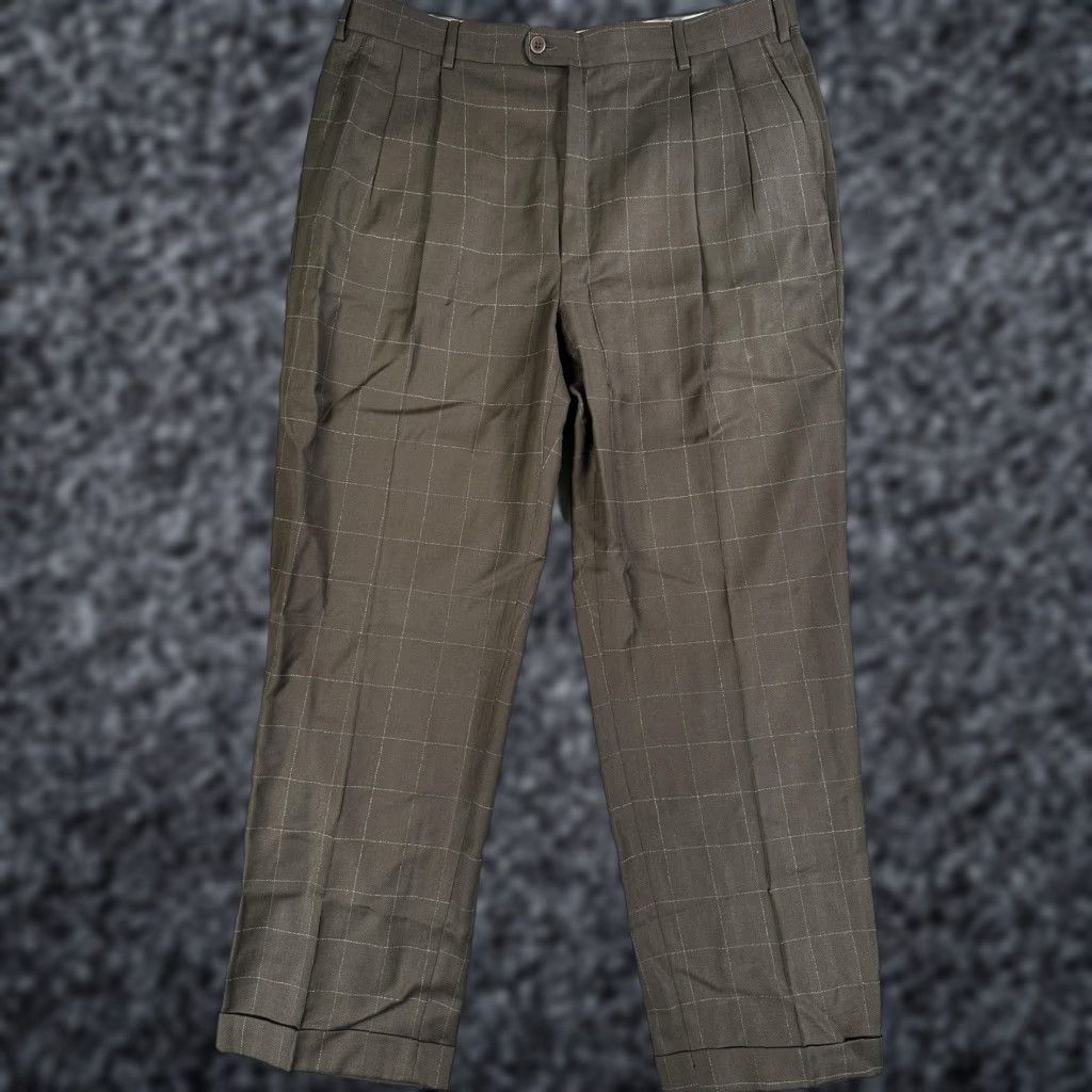 Zanella Zanella Bennett Dress Pants Mens 36x30 Brown Windowpane Wool Pleated Made Italy Size US 36 / EU 52 - 1 Thumbnail
