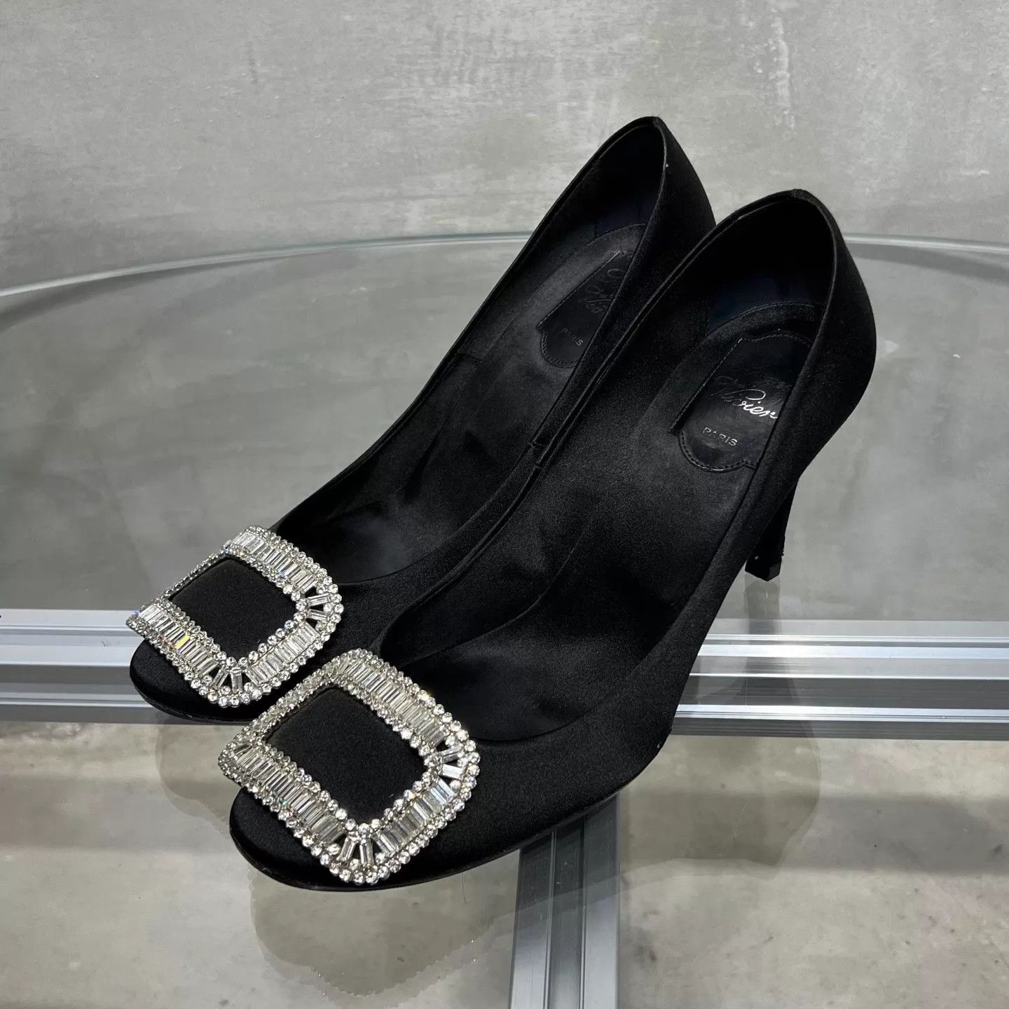 Roger Vivier RV Black Satin Square Buckle Crystal Pave High Heels Size US 7.5 / IT 37.5 - 2 Thumbnail