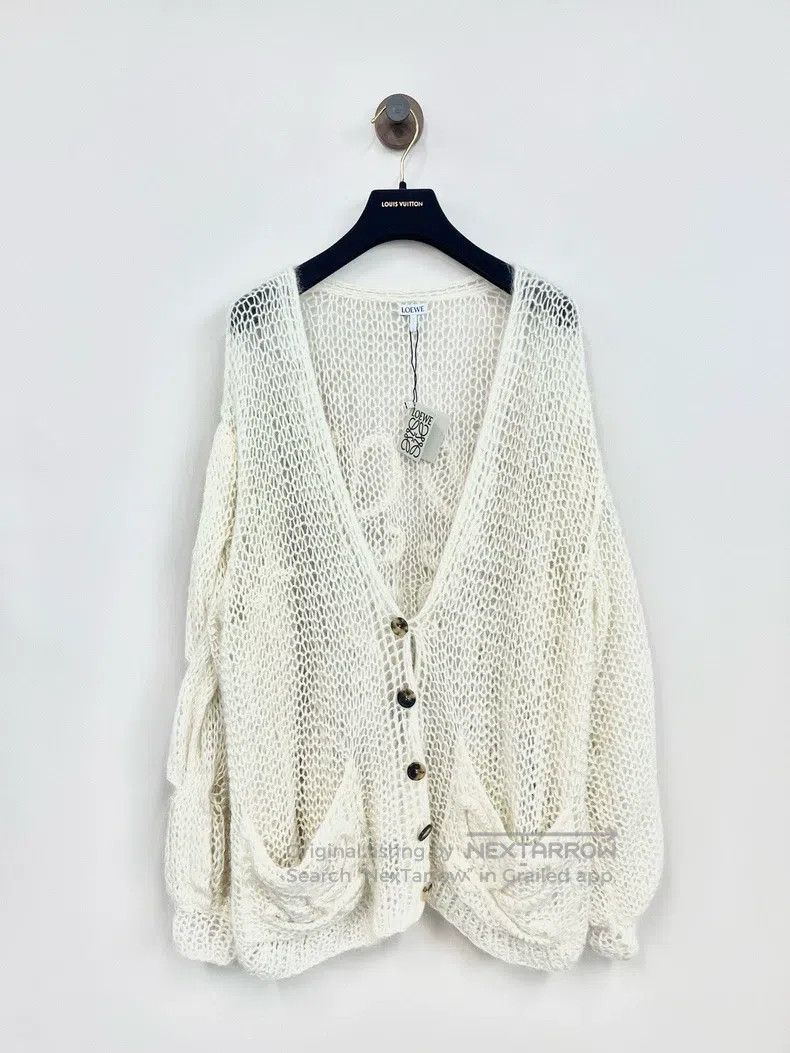 Loewe White Cashmere Blend Openwork Knit Sweater Jacket