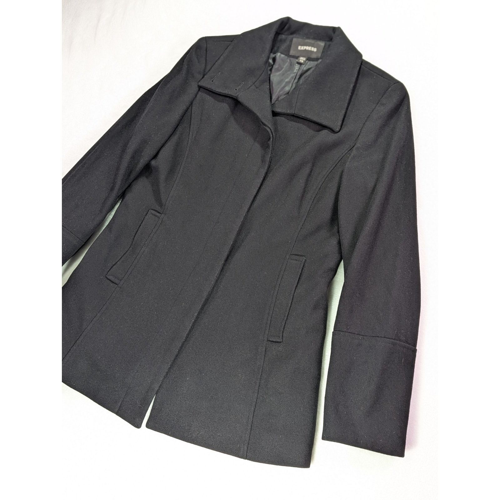 Express Size 7/8 Black Wool Coat Hidden Button Placket VTG Y2K Size M / US 6-8 / IT 42-44 - 3 Thumbnail