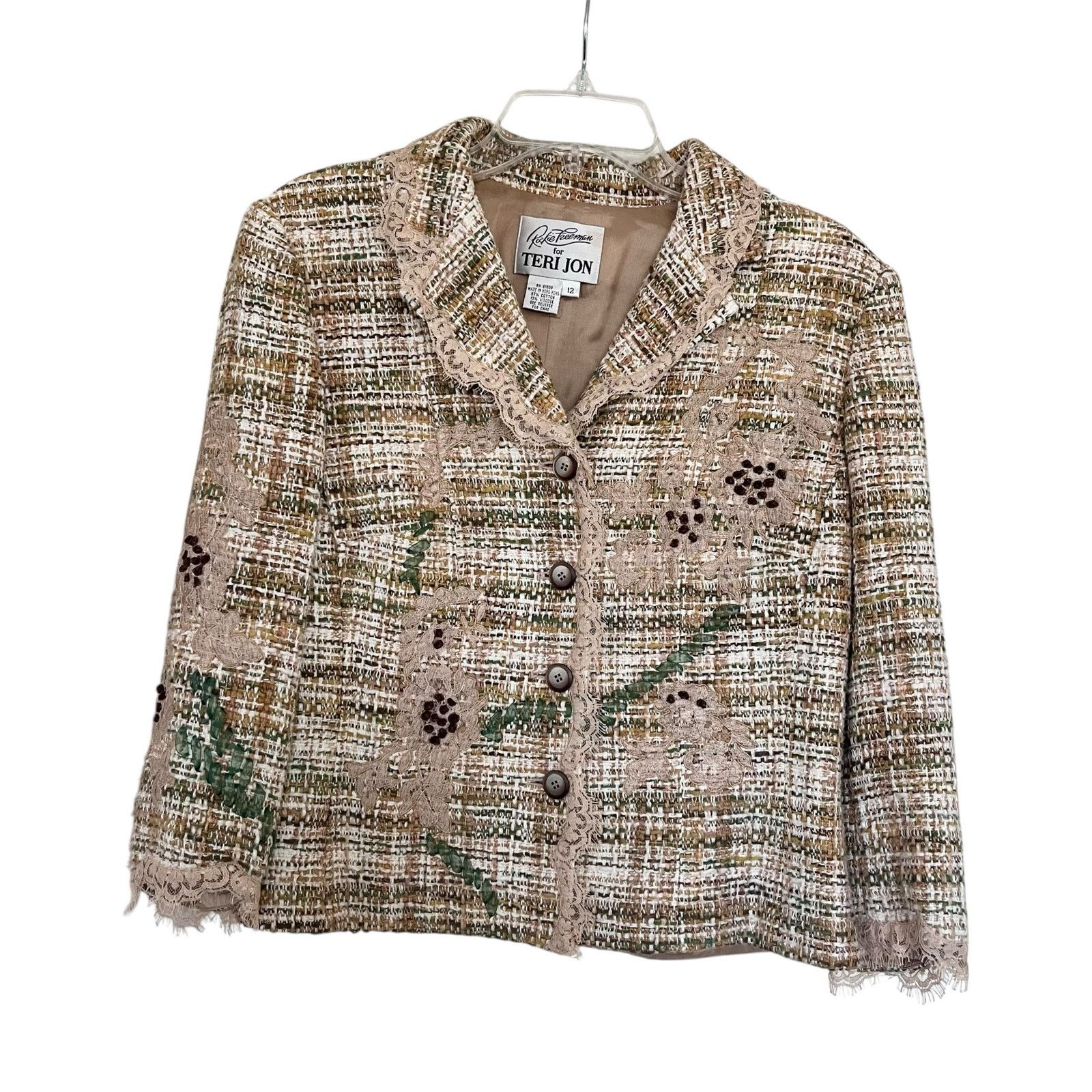 Other Vintage Rickie Freeman Teri Jon Beige Green Tweed Lace Trim Size 34" / US 12 / IT 48 - 2 Thumbnail