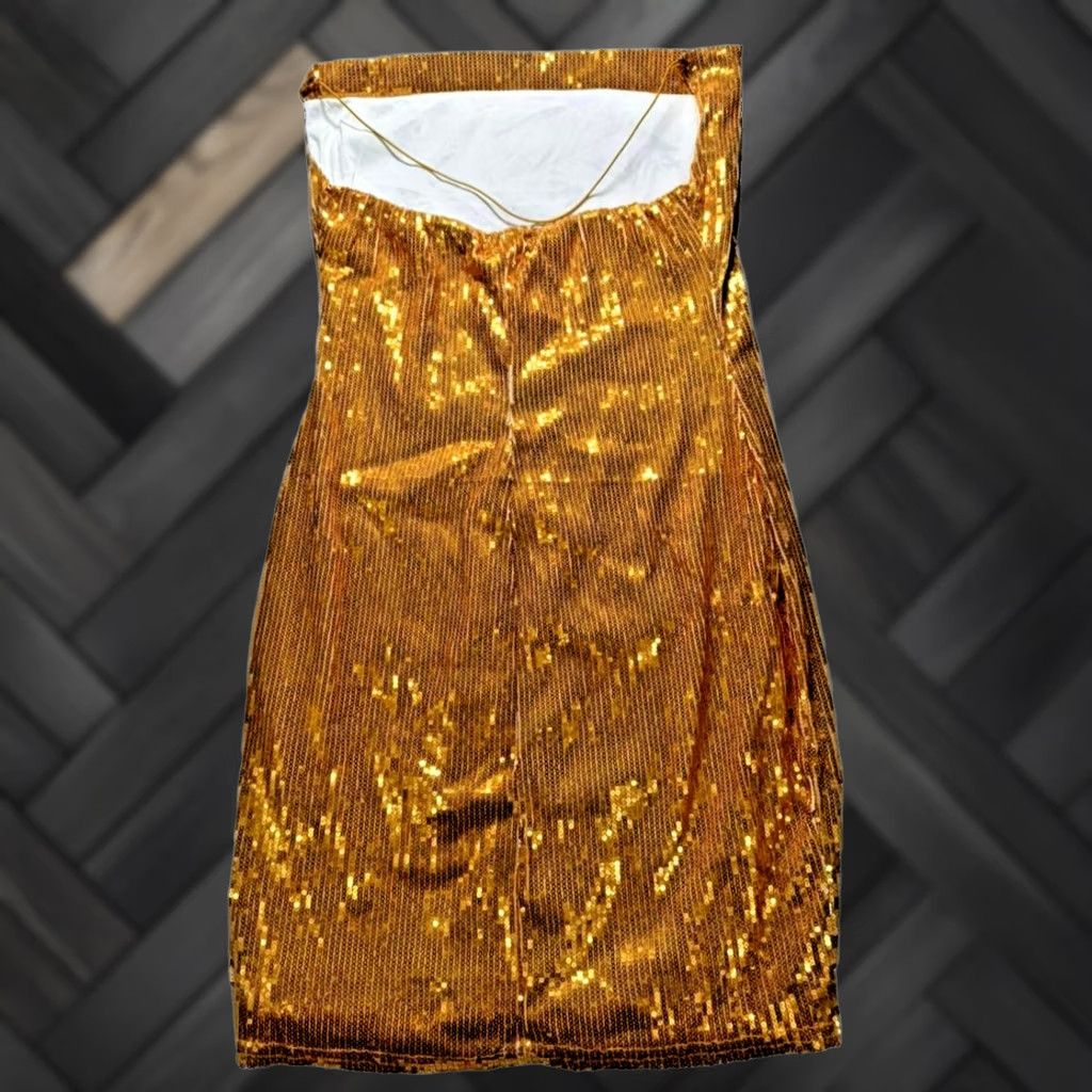 PrettyLittleThing Gold Sequin Strapless Mini Dress - Size 6 Size M / US 6-8 / IT 42-44 - 1 Thumbnail
