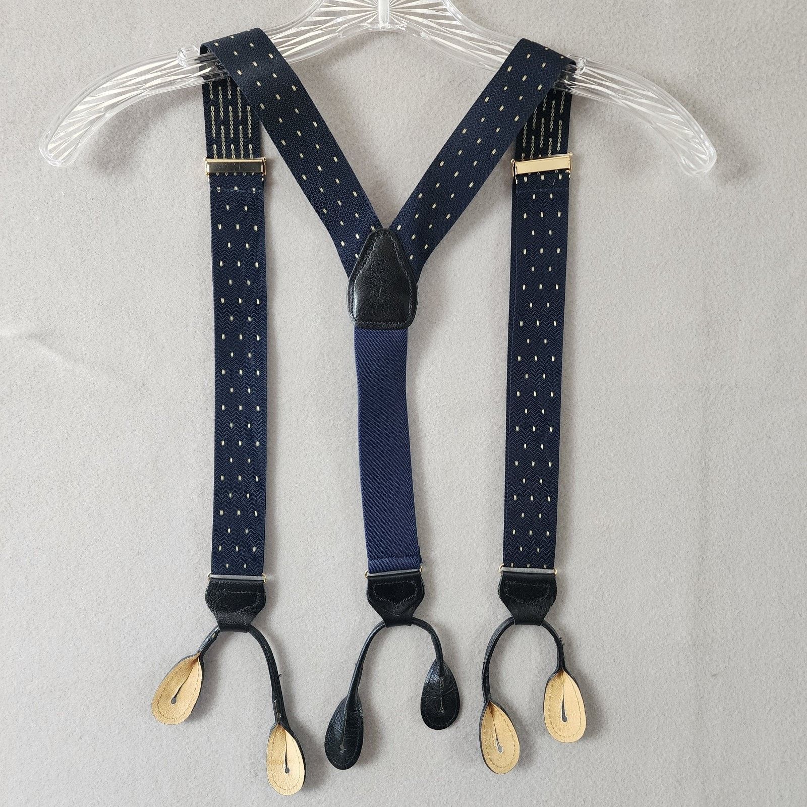 Other Men's Suspenders Blue w/White Dots Adjustable Leather Size ONE SIZE - 1 Thumbnail
