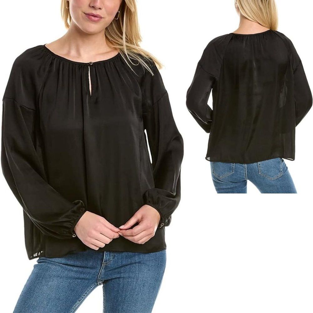 Vince Camuto Vince Camuto Black Satin Keyhole Peasant Long Sleeve Top Si Size XL / US 12-14 / IT 48-50 - 1 Thumbnail
